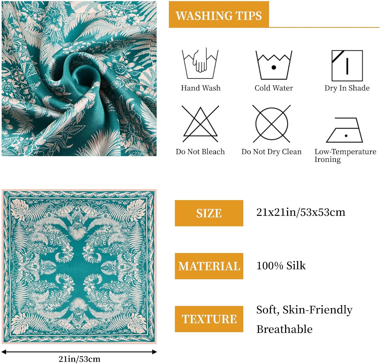 100% Mulberry Silk Scarves for Women Lightweight 21"x21" Square Scarf Small Neckerchief Women Printed Head Wrap - Image 5