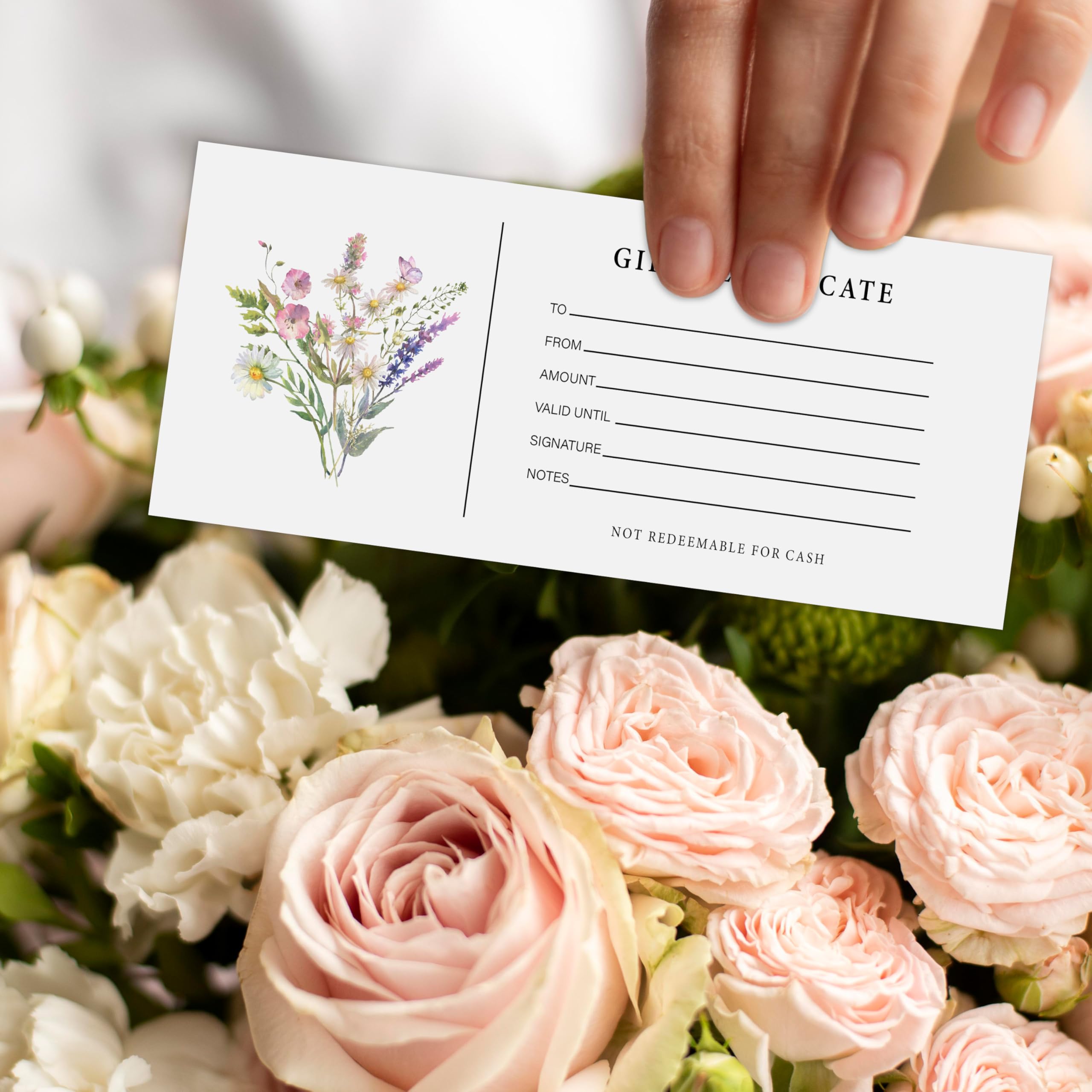 Juego de 25 certificados de regalo para negocios, tarjetas de regalo florales en blanco con sobres, regalos para salones, restaurantes, spa, cumpleaños, matrimonio, clientes -07