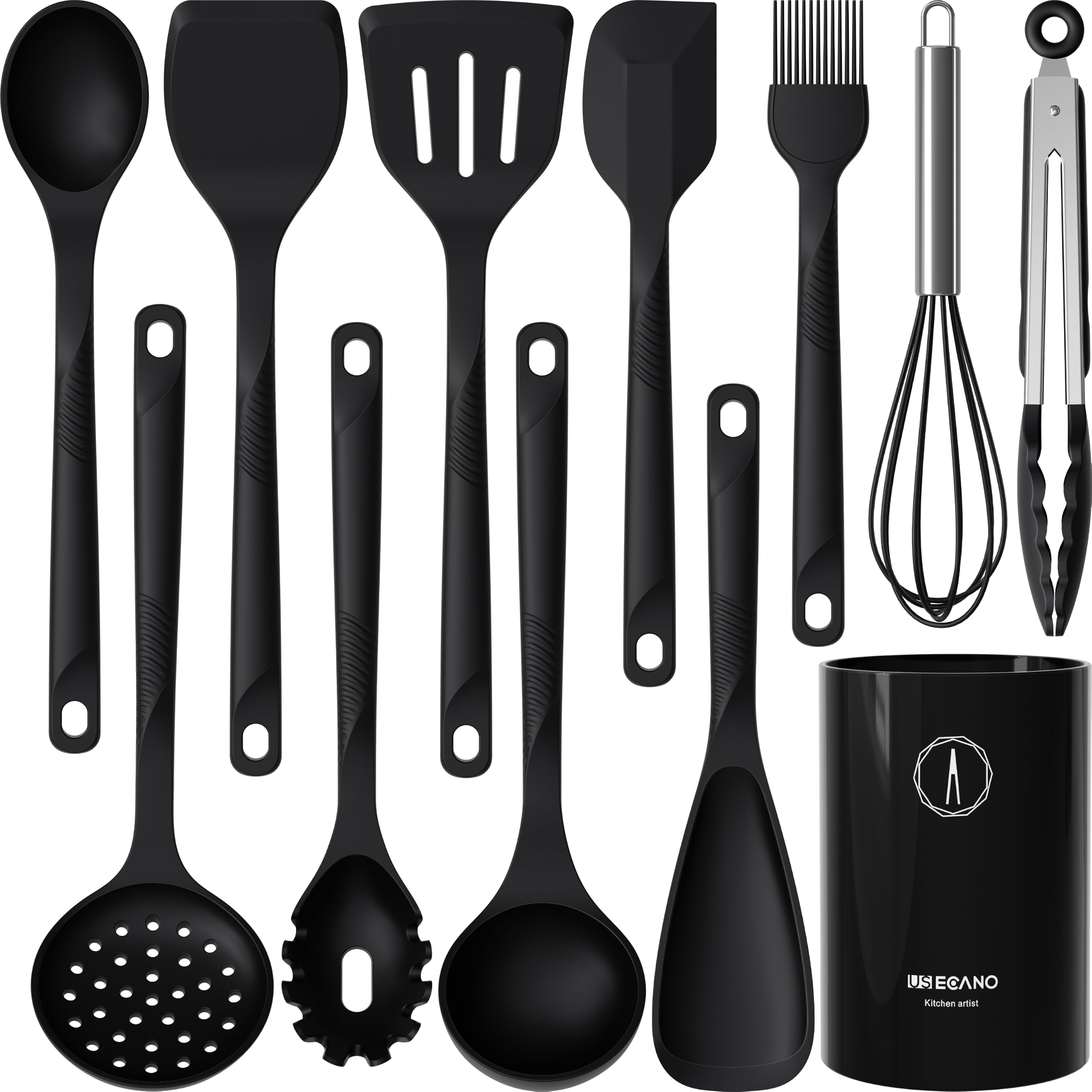 Silicone Cooking Utensils Set - 600°F Heat Resistant, Nonstick Kitchen Utensil Set with Spatulas, Spoons, Whisk, Tongs, BPA Free, Dishwasher Safe, Black