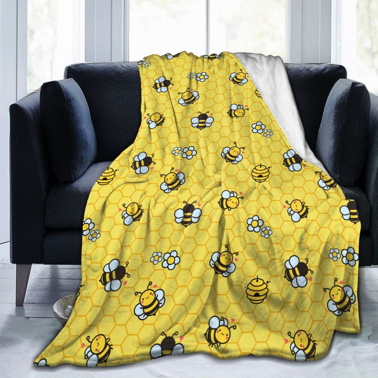 Yellow Bee Fleece Throw Blanket for Adults Girls Boys Winter Couch Bed Soft Cozy Warm Lightweight Flannel Travel Blankets 60 x 50 Inch
