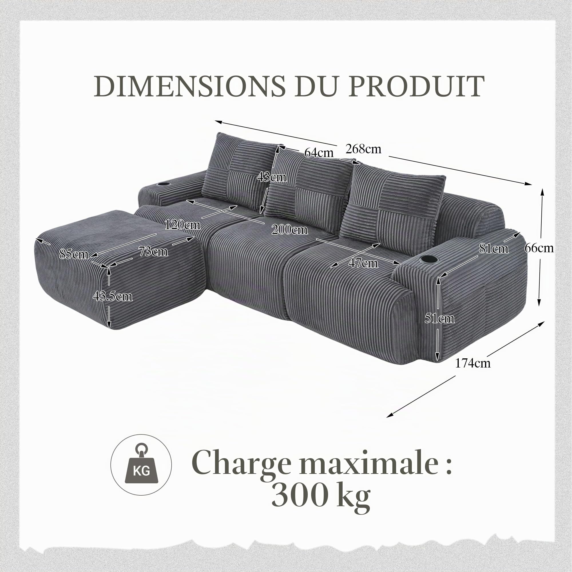 Yihomfy Canapé Modulaire en Velours Corde, Canapé d'angle en Forme de L, Configuration Libre, avec Porte-Gobelet et Poches Latérales, Canapé Cloud pour Salon