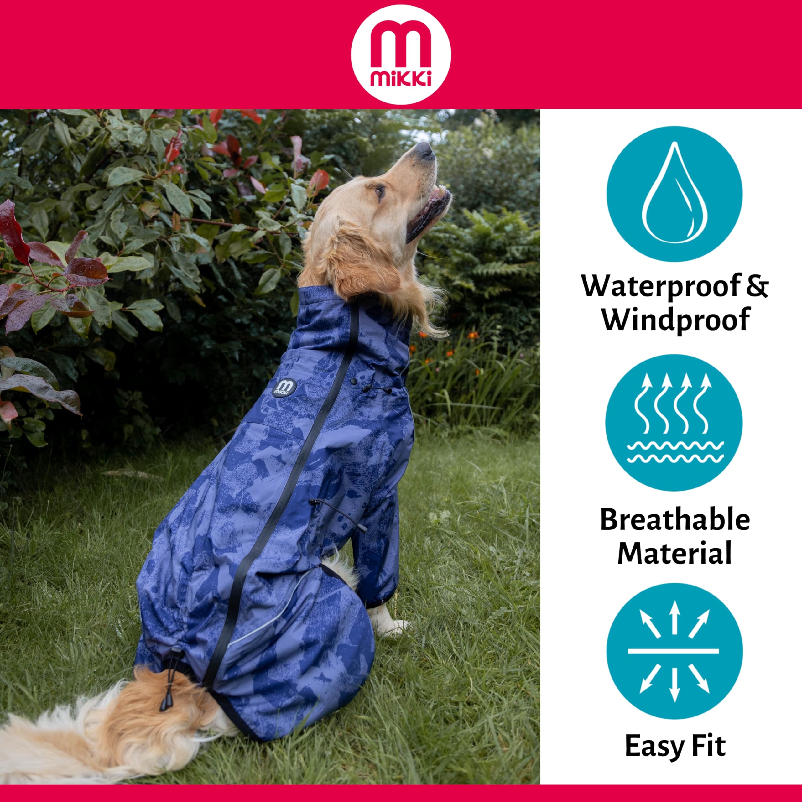 Mikki Allwettermantel für Hunde und Welpen, wasserdicht, Winddicht, atmungsaktives Material, verstellbar, versiegelte Nähte, um kaltem und nassem Wetter standzuhalten, verstellbare Taille, Hals und