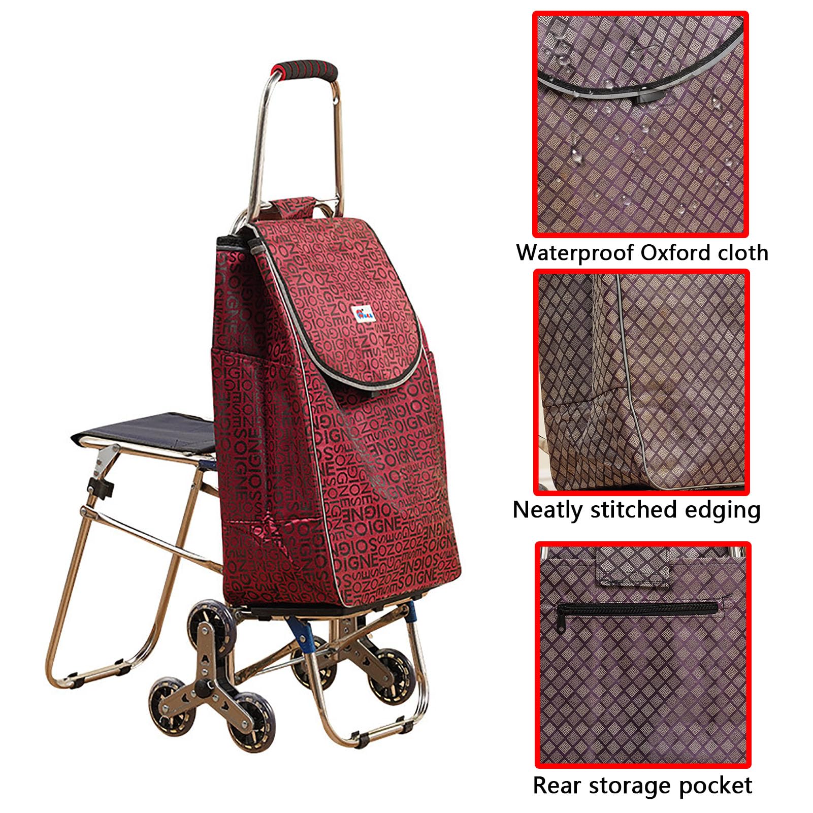 Carrello della Spesa Pieghevole con Sedile Integrato, 6 Ruote per Salire Le Scale, Borsa Portaoggetti Rimovibile, Carretto a Mano Portatile per Spese Quotidiane,Marrone