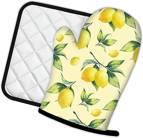 Miniatura 2 de Guantes de horno amarillos limón y soportes para ollas de cocina, juego de 2 piezas, almohadilla resistente al calor para hornear, barbacoa,
