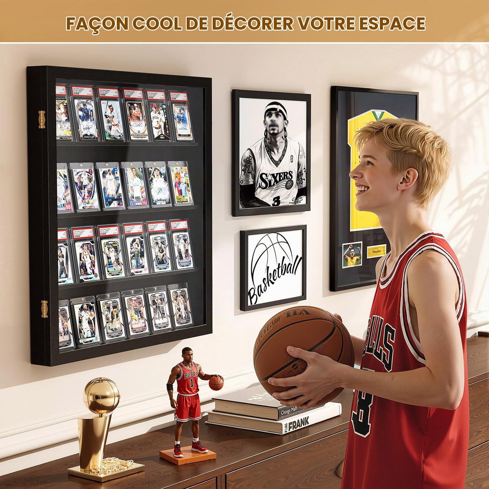 2 Pièces Présentoir Mural de Cartes, Bois Étages Présentoir de Cartes à Collectionner, Transparent HD Cadre D'affichage de la Carte pour Cartes de Baseball de Sport Classées Collection (Noir)