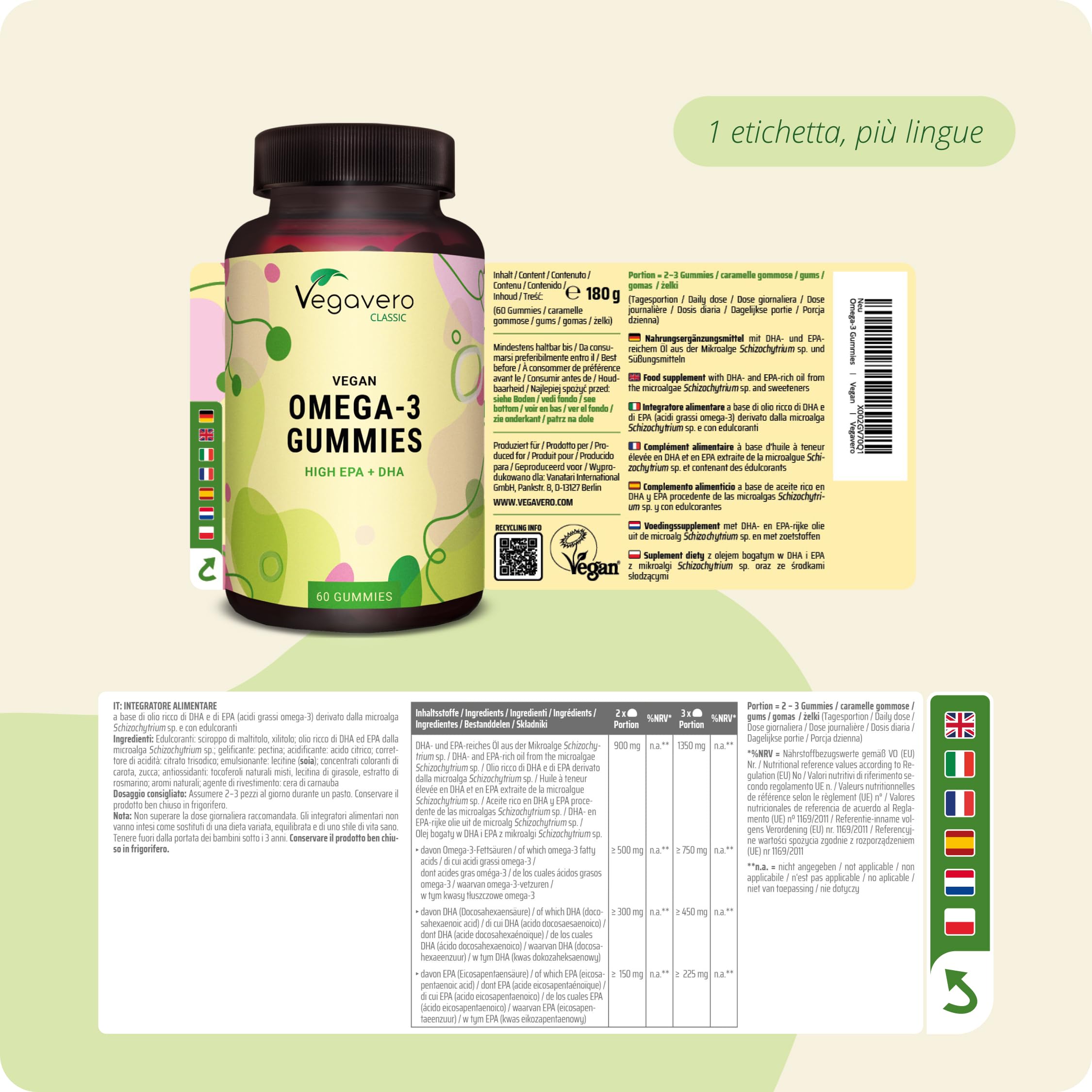 Omega 3 Vegan Gummies | 1.350 mg di Olio di Alghe | DHA+ EPA 450-225 mg | Senza Zucchero | Alga Schizochytrium Premium | Pressato a Freddo | Gusto Mango (Senza Retrogusto) | Vegavero®