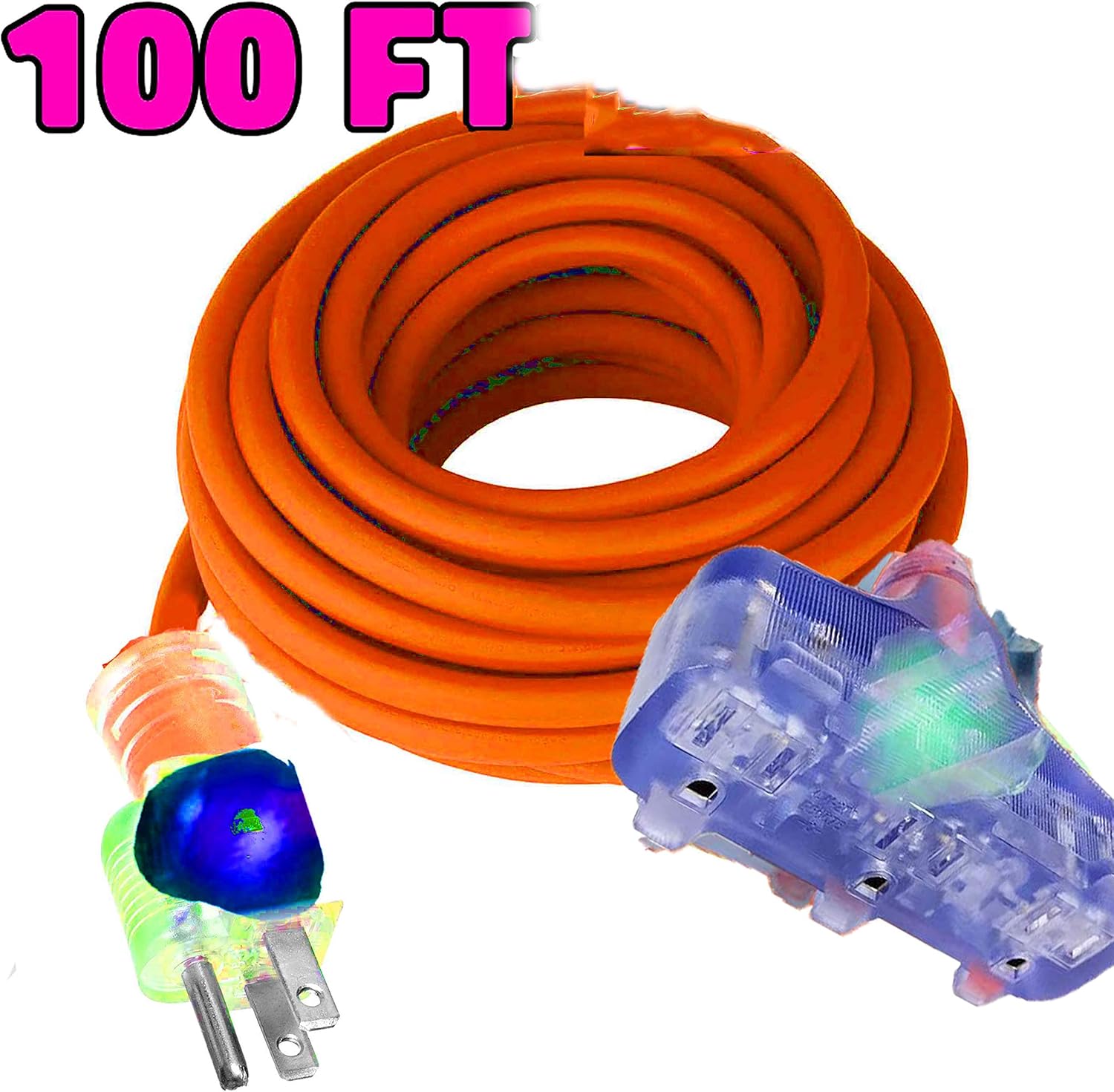 100 ft 10 3 Heavy Duty Indoor Outdoor Triple Outlet Extension Cord 10/3 100 ft 125 volt 1875 watt 5-15P/R UL Listed 100 ft 10 gauge extension cord 3 prong 100 ft triple tap extension cords 10/3