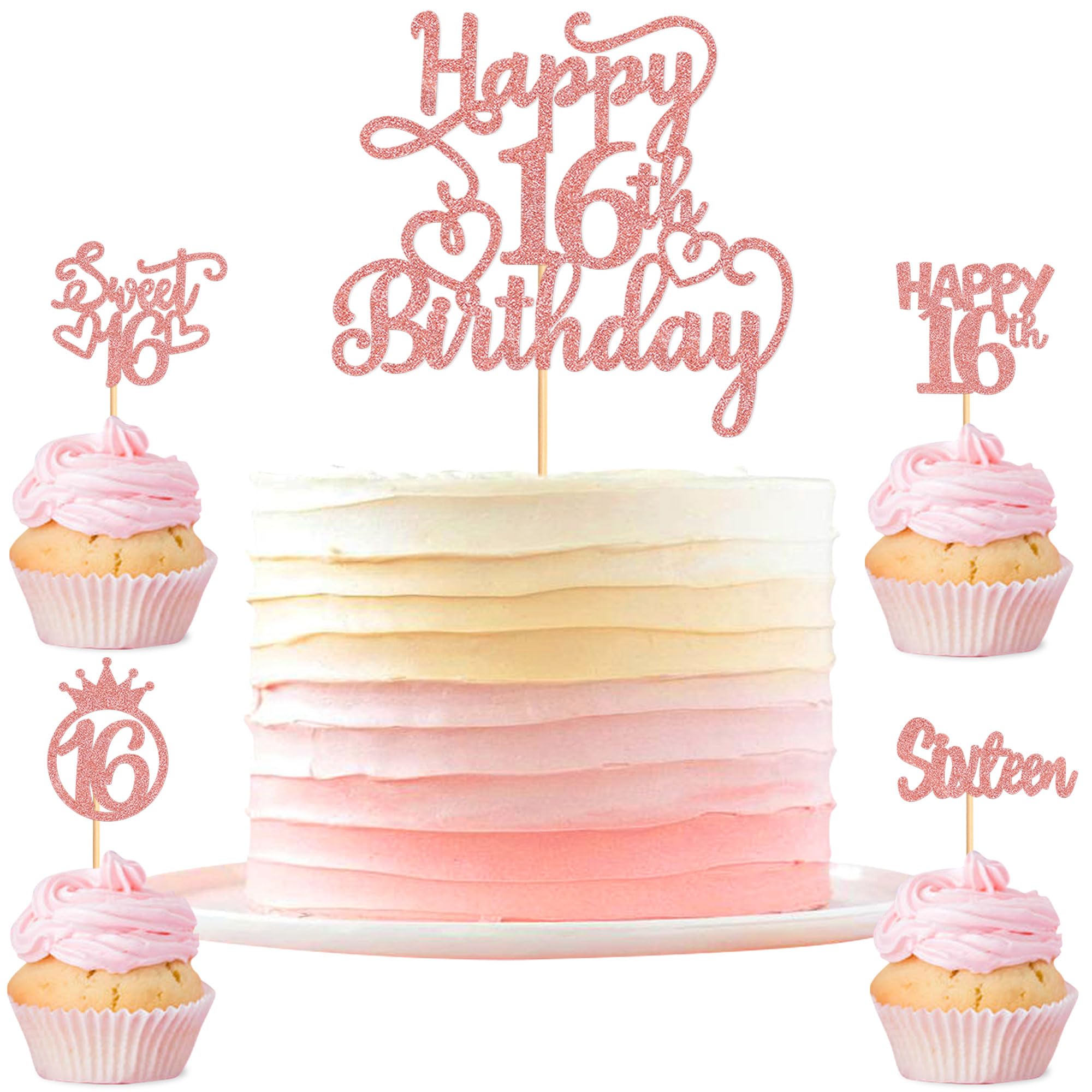 Blumomon 25PCS Rose Gold Happy 16th Birthday Cake Toppers Hello 16th Sixteen Sweet 16 Cupcake Toppers for 16th Birthday Party Wedding Anniversary Cake Decorations Supplies