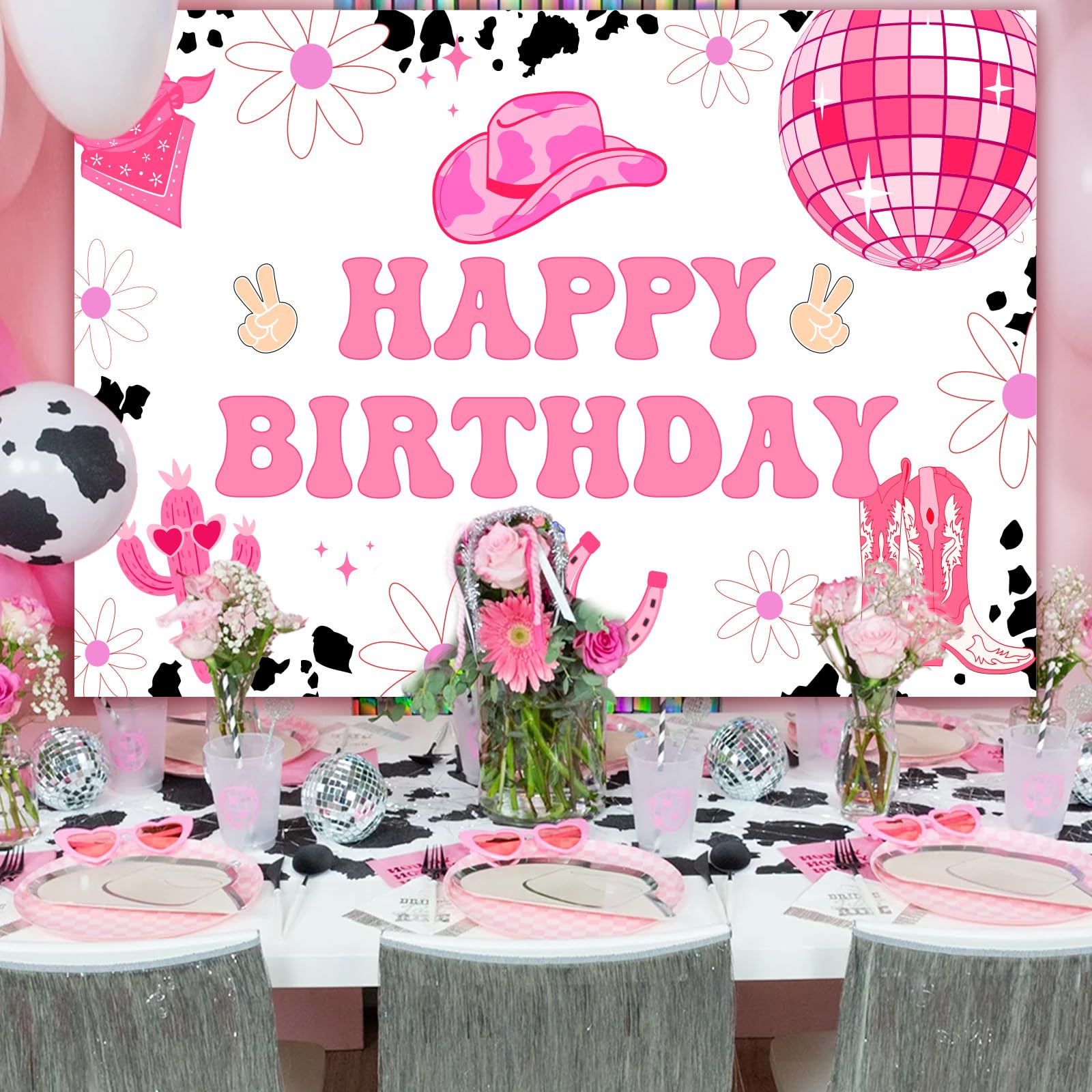 Kreat4joy Disco Cowgirl Birthday Party Decorations Banner, Hot Pink Cowgirl Happy Birthday Banner For Western Cowgirl Rodeo Birthday Party