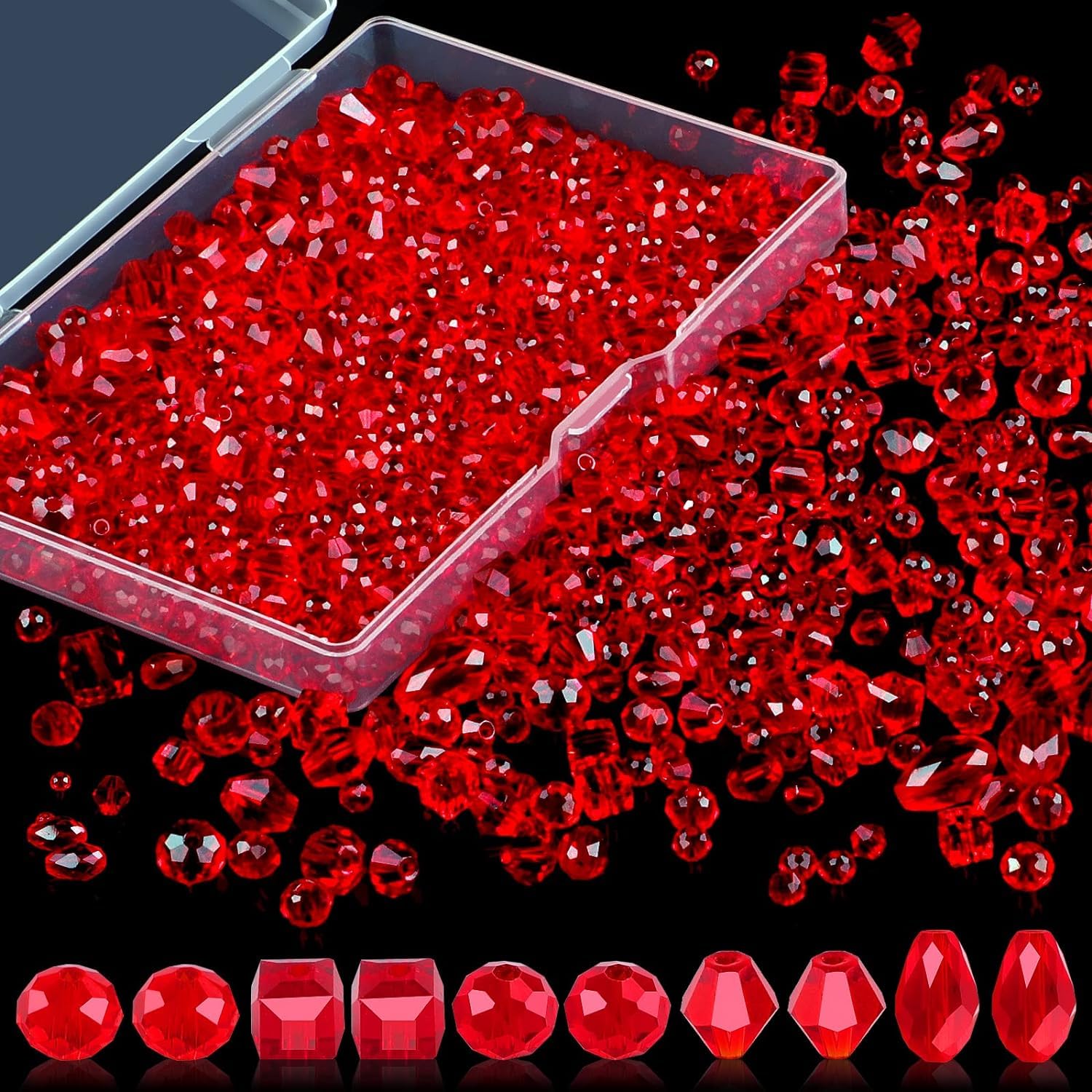 LUCKY-D Crystal Beads, 600 Pcs Glass Beads, Assorted Crystal Beads for Jewelry Making, Jewelry Beads with Container Box, Glass Beads Bulk for DIY Necklace Bracelet Earring (Red)