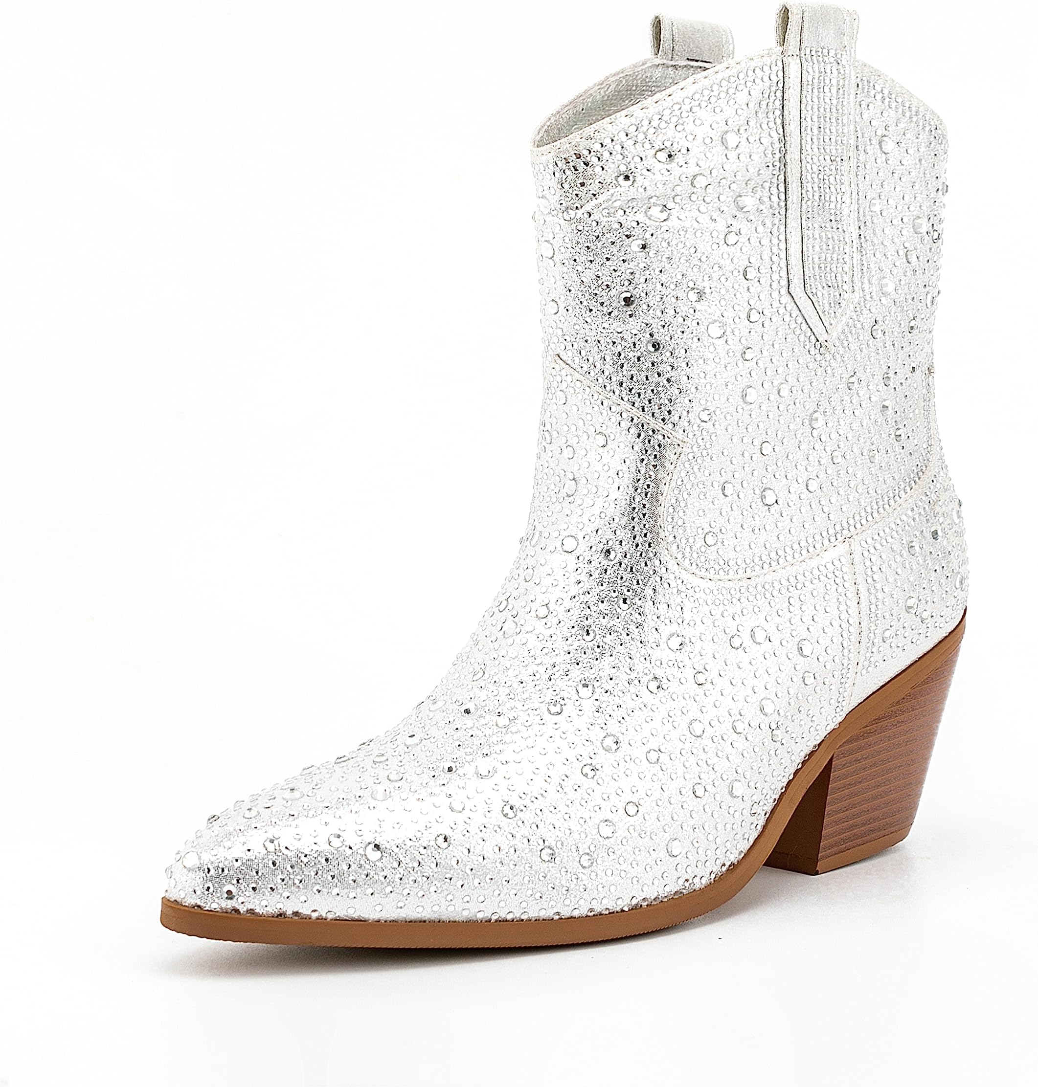 MS WENDAY Women's Cowgirl Rhinestone Ankle Boots Cowboy Western Pointed Toe Chunky Block Heel Sparkly Short Boots