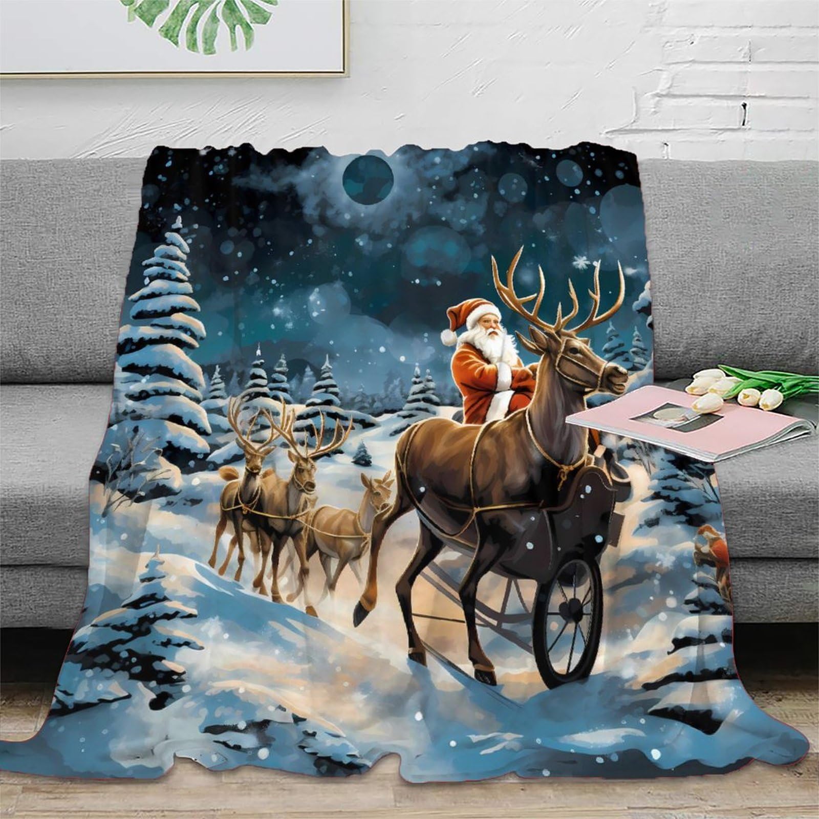 Scène de Noël magique en couverture microfibre, literie festive douce pour réchauffer le foyer
