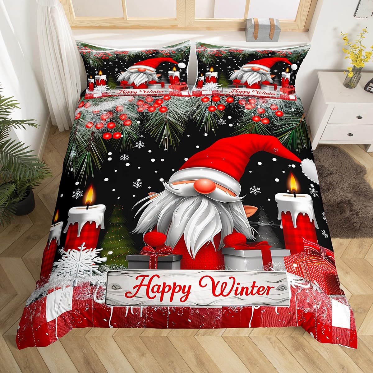 Happy Christmas Bedding Set for Kids, Xmas Decor Duvet Cover Double, Gnome Santa Claus Comforter Cover for Boys Girls Women, Snowflake Cartoon Style Quilt Cover With 2 Pillow Cases