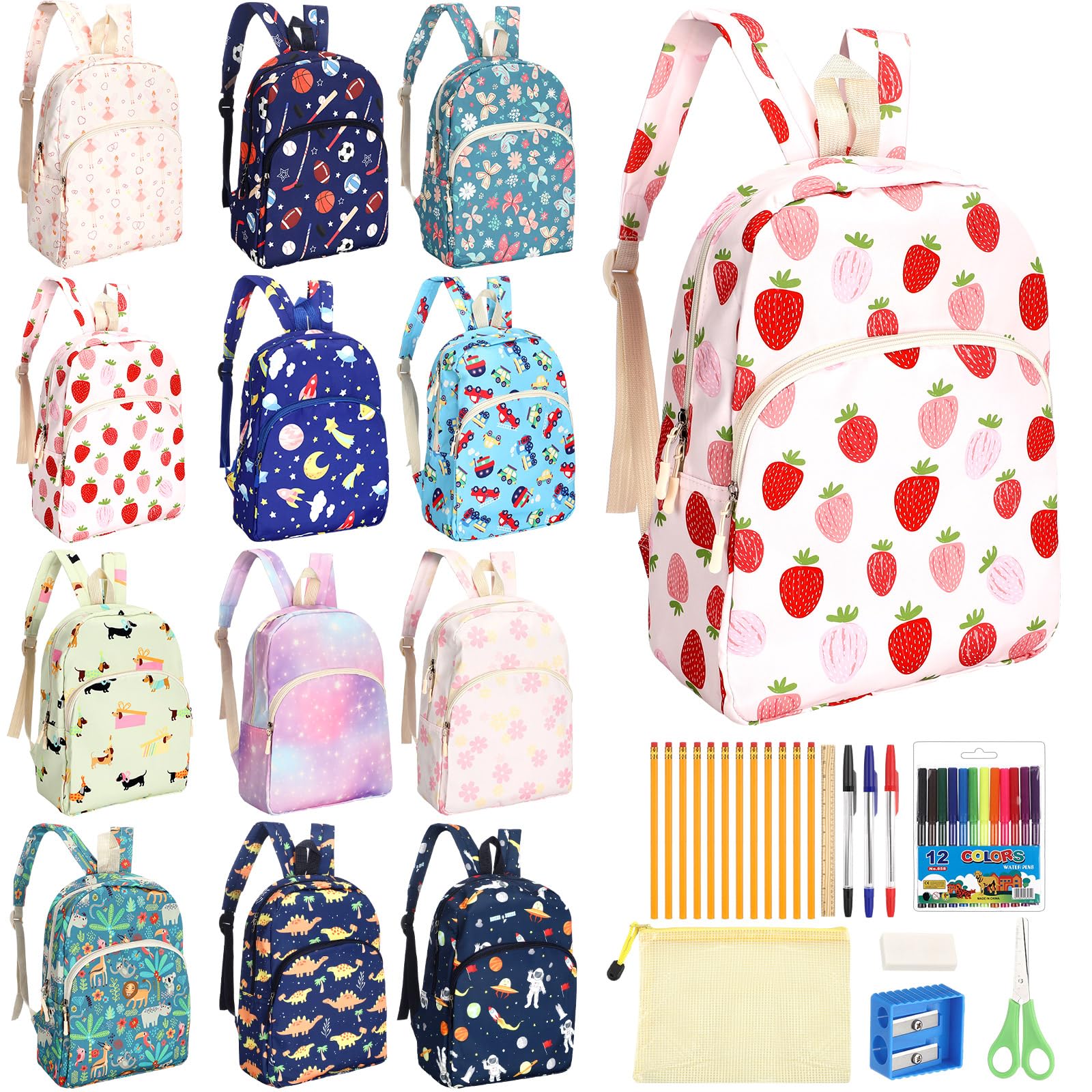 Confezione da 12 zaini sfusi con 30 pezzi di articoli di cancelleria, tra cui borsa per documenti, righello, gomma, forbici, penna acquerello, temperamatite, penna gel