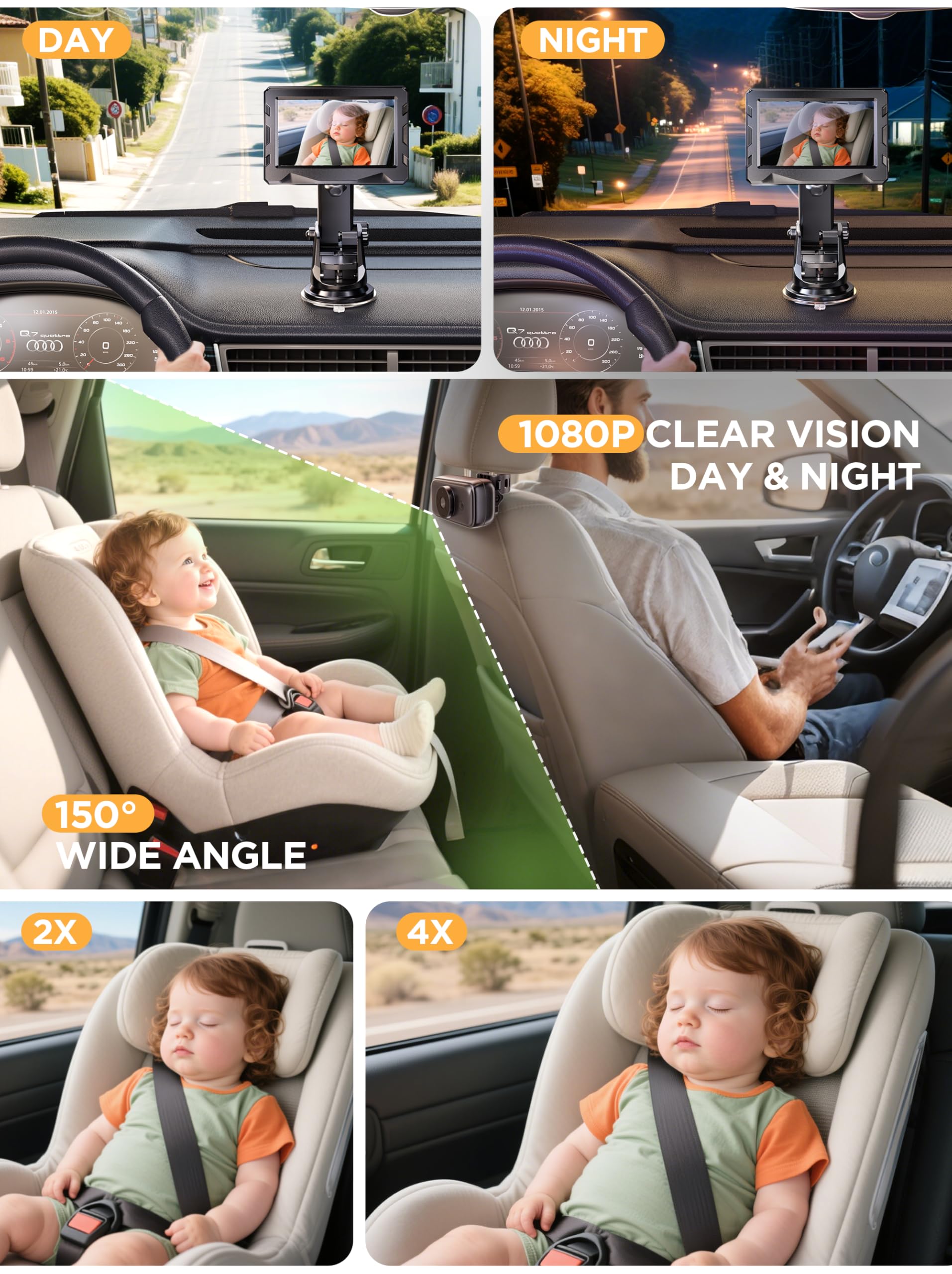 Cámara inalámbrica para coche de bebé, batería de 40 horas de duración y visión nocturna de 940 mn, monitor de coche de bebé sin necesidad de WiFi, grabación de video 1080P, ajustable a 360°, cámara