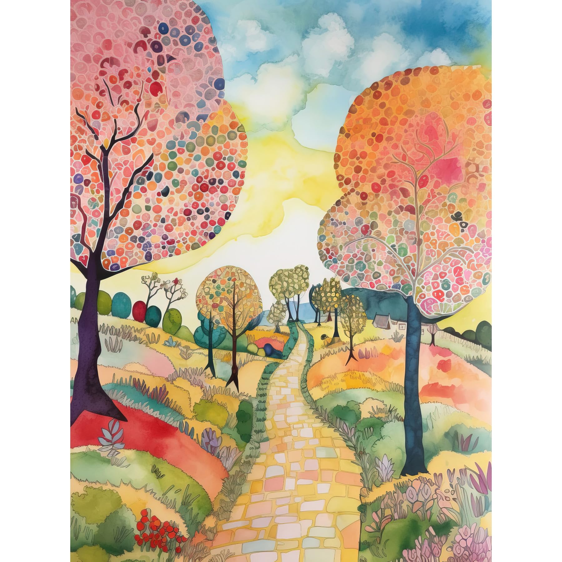 Artery8 Countryside Path With Blooming Flowers And Trees Folk Art Landscape Watercolour Painting Large Wall Art Poster Print Thick Paper 18X24 Inch