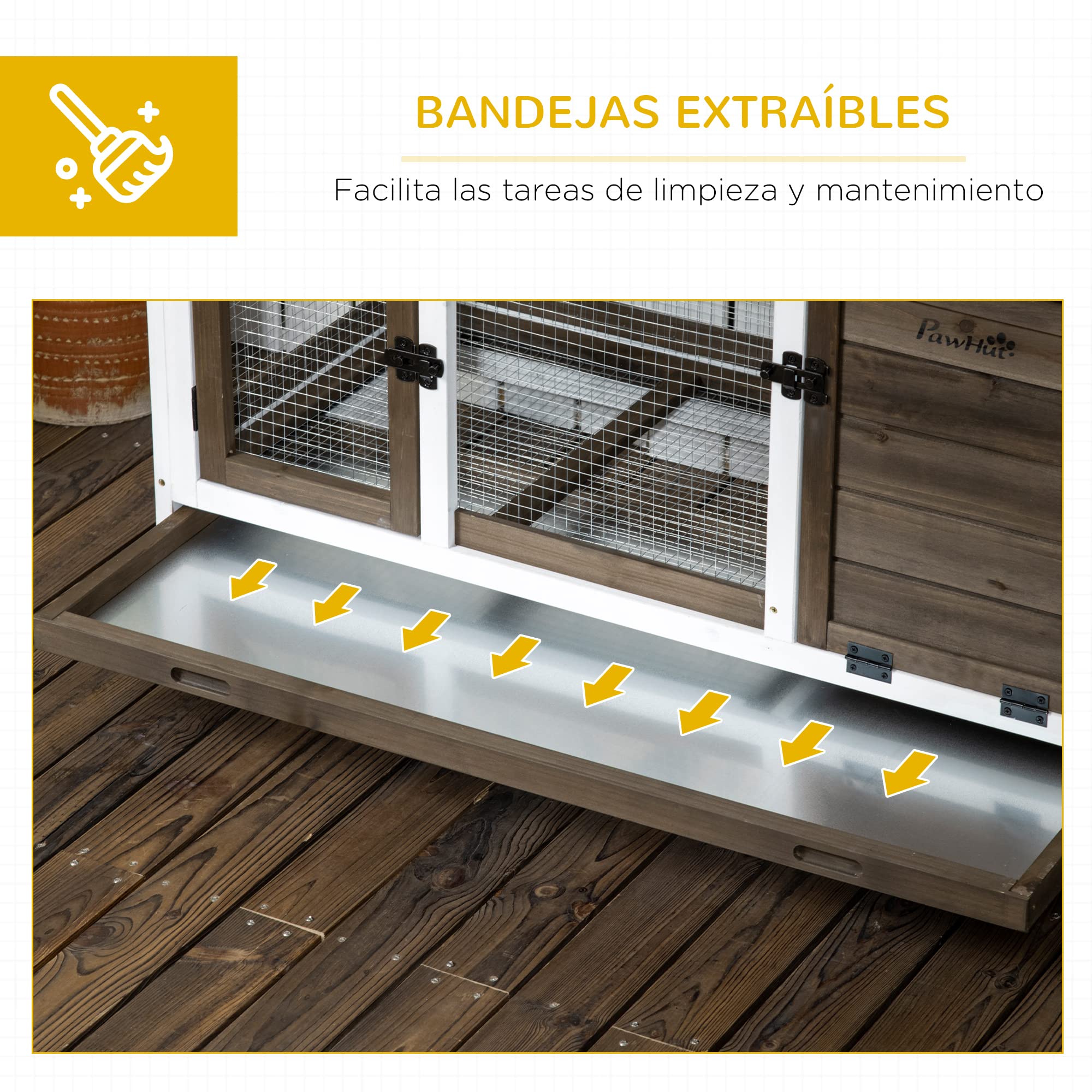 PawHut Conejera de Madera con Ruedas Jaula para Conejos con Techo Puede Abrir y Bandeja Extraíble Conejera para Interior y Exterior 108x58x73,5 cm Café