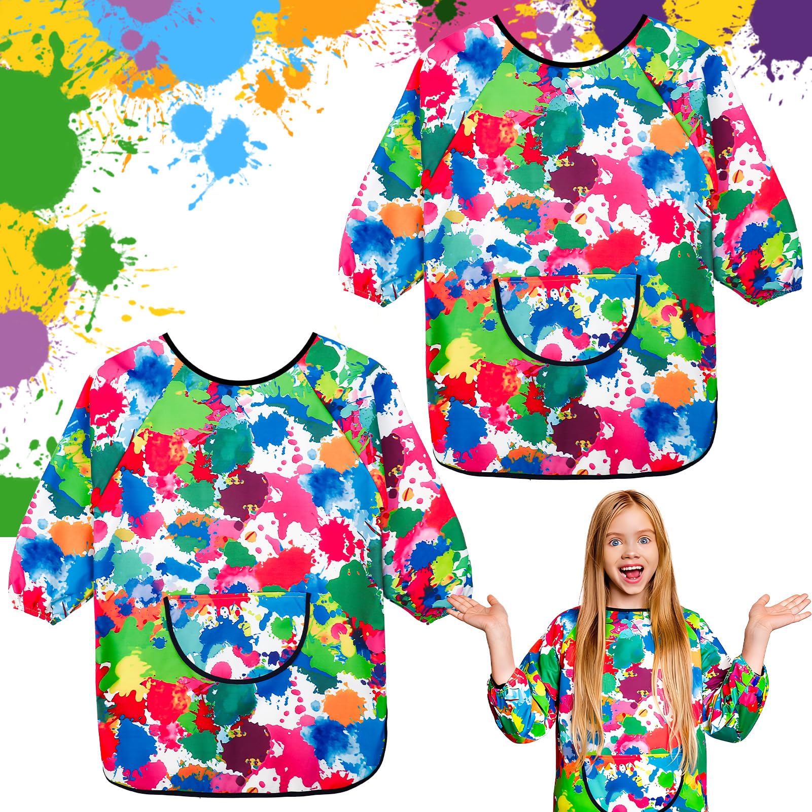 2Pcs Kids Art Aprons for Age 7-12 Years Girls Boys,Waterproof Graffiti Painting Aprons Long Sleeves with Pockets,Kids Painting Smock Toddler Children,Play Apron for Painting,Craft,School,Multi — image 1