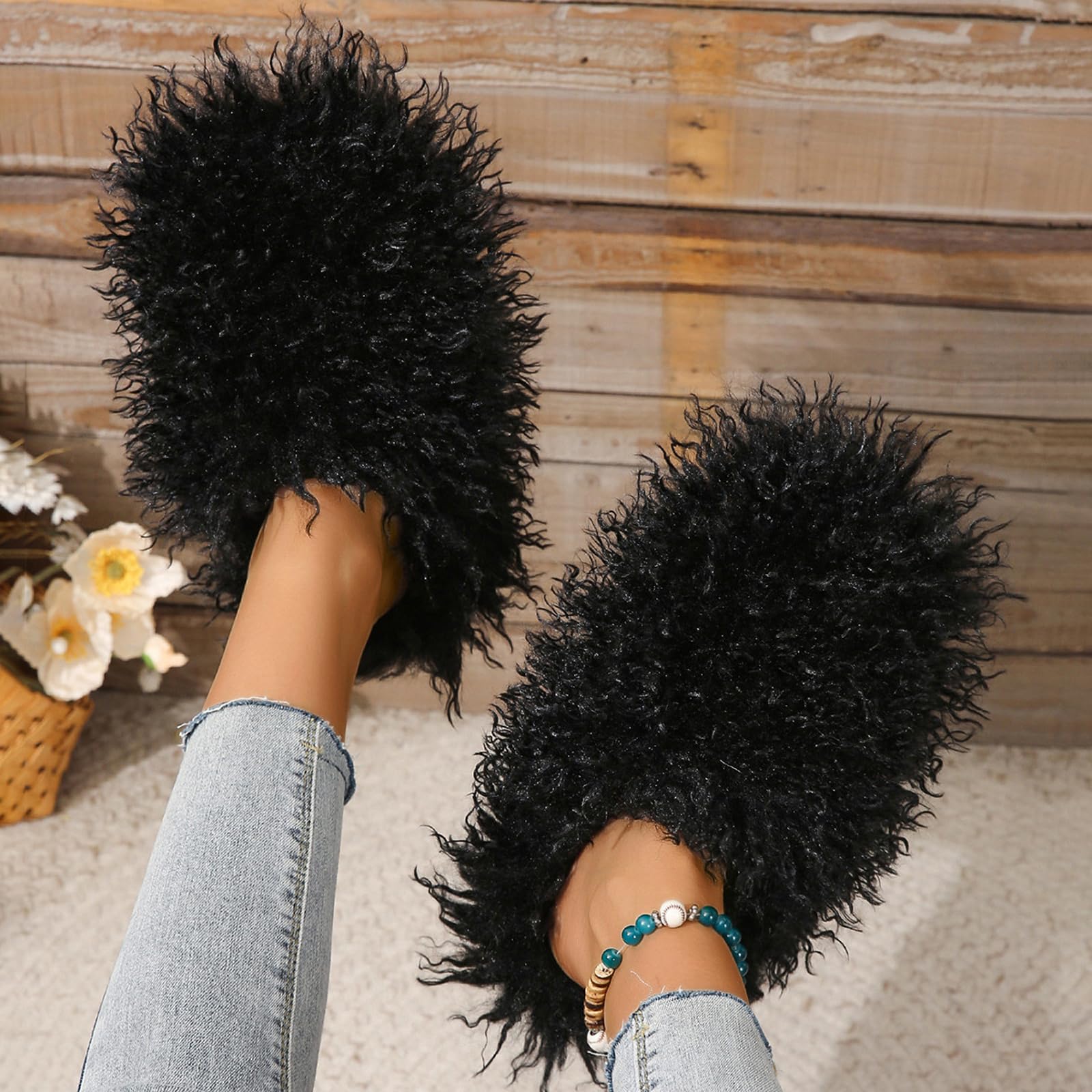 Pantuflas unisex de piel sintética mullida para mujer, de pelo largo y esponjoso, de piel sintética de oveja, para niñas, lujosas, grandes, esponjosas, planas, para exteriores, pelo largo y