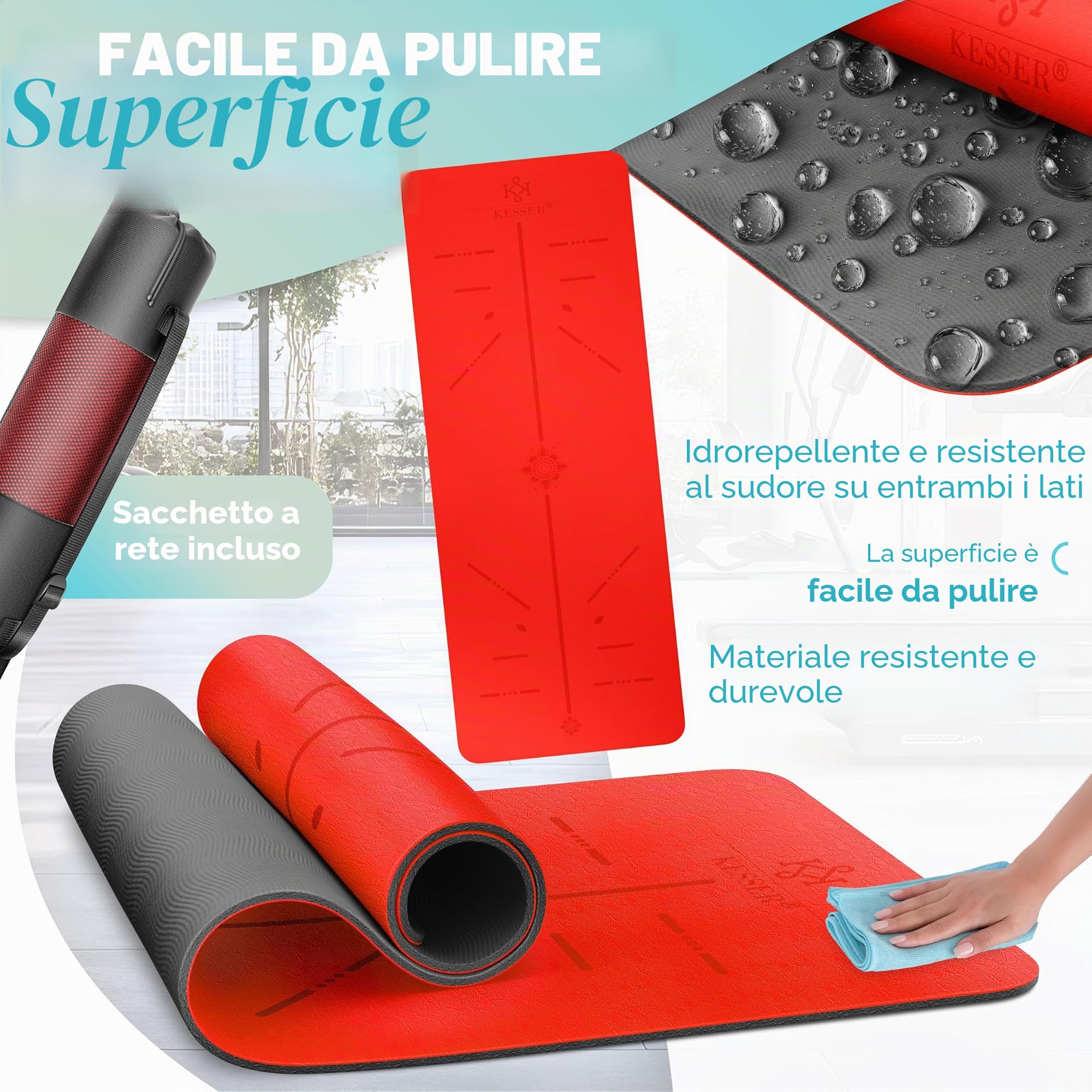 Kesser® - Tappetino da ginnastica con tracolla, in TPE, imbottito e antiscivolo, extra spesso, 183 x 61 cm, per fitness, sport, pilates, yoga, ginnastica e allenamento