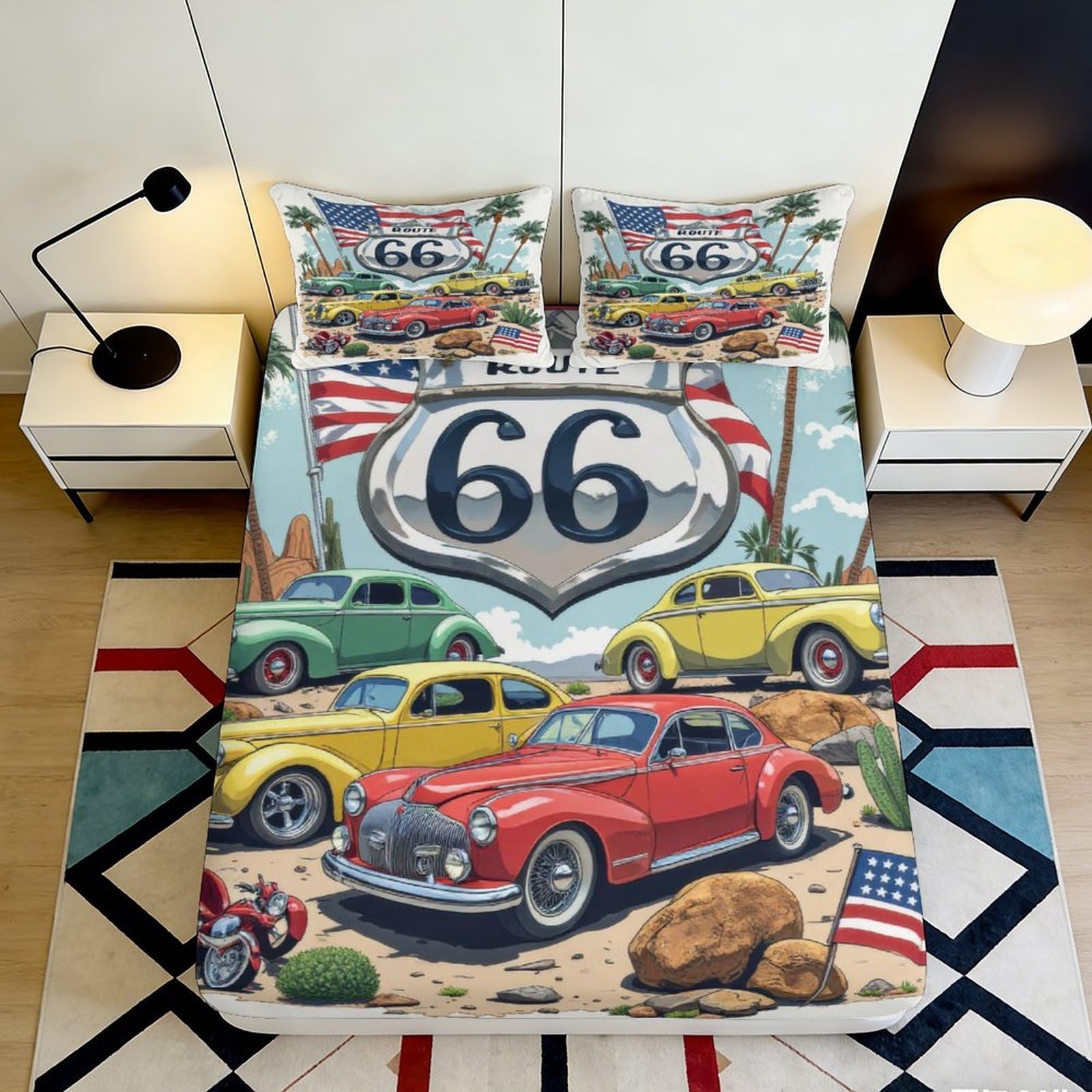 3D Printed Vintage Route 66 Fitted Sheet Microfiber American Classic Car Bed Cover for Bedroom Guest Room Decor 90x200x25cm