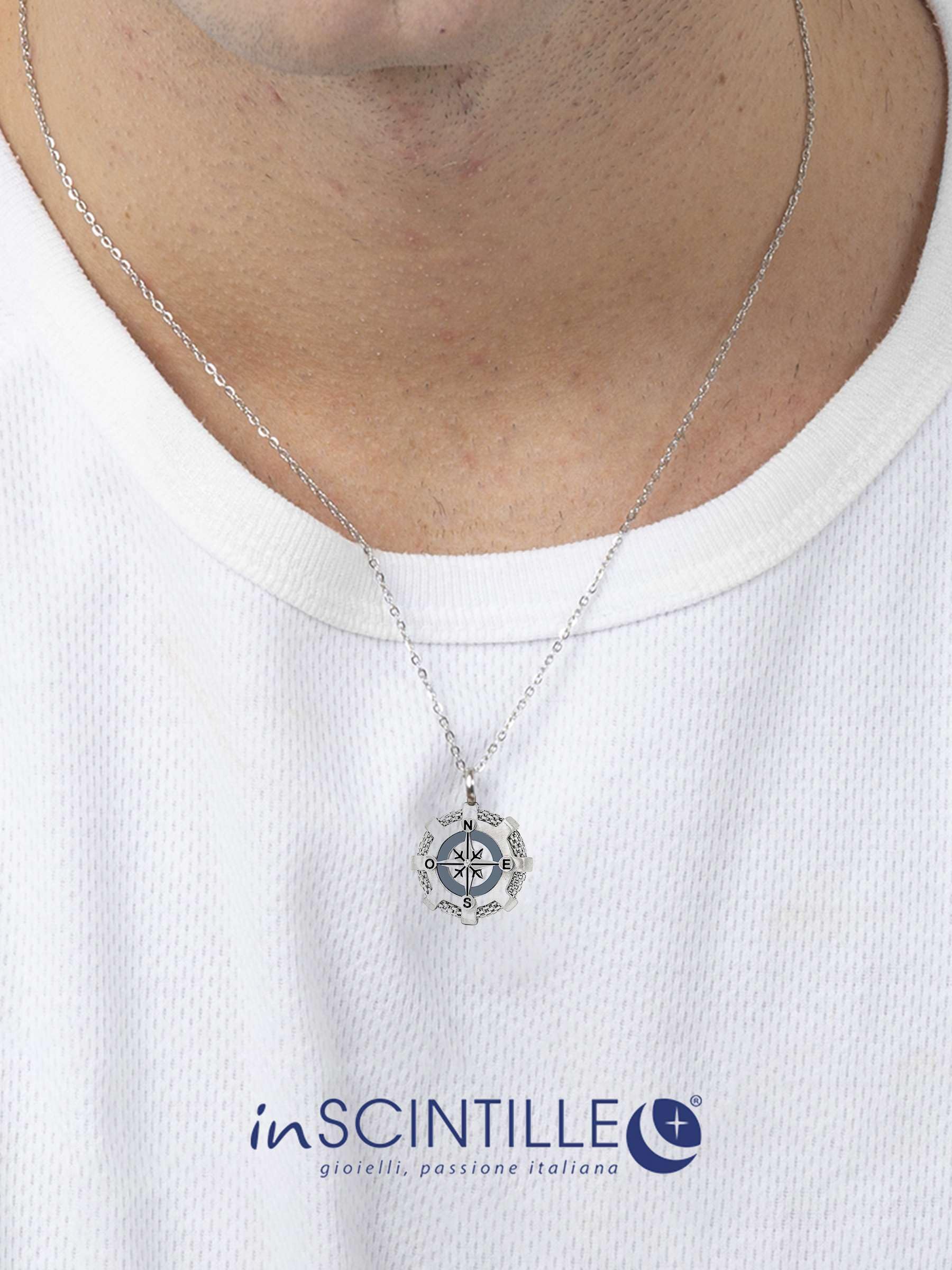 inSCINTILLE Collar Rosa de los Vientos de Acero Inoxidable para Hombre Colgante Náutico, Longitud Ajustable 48-53cm con Caja de Regalo Incluida