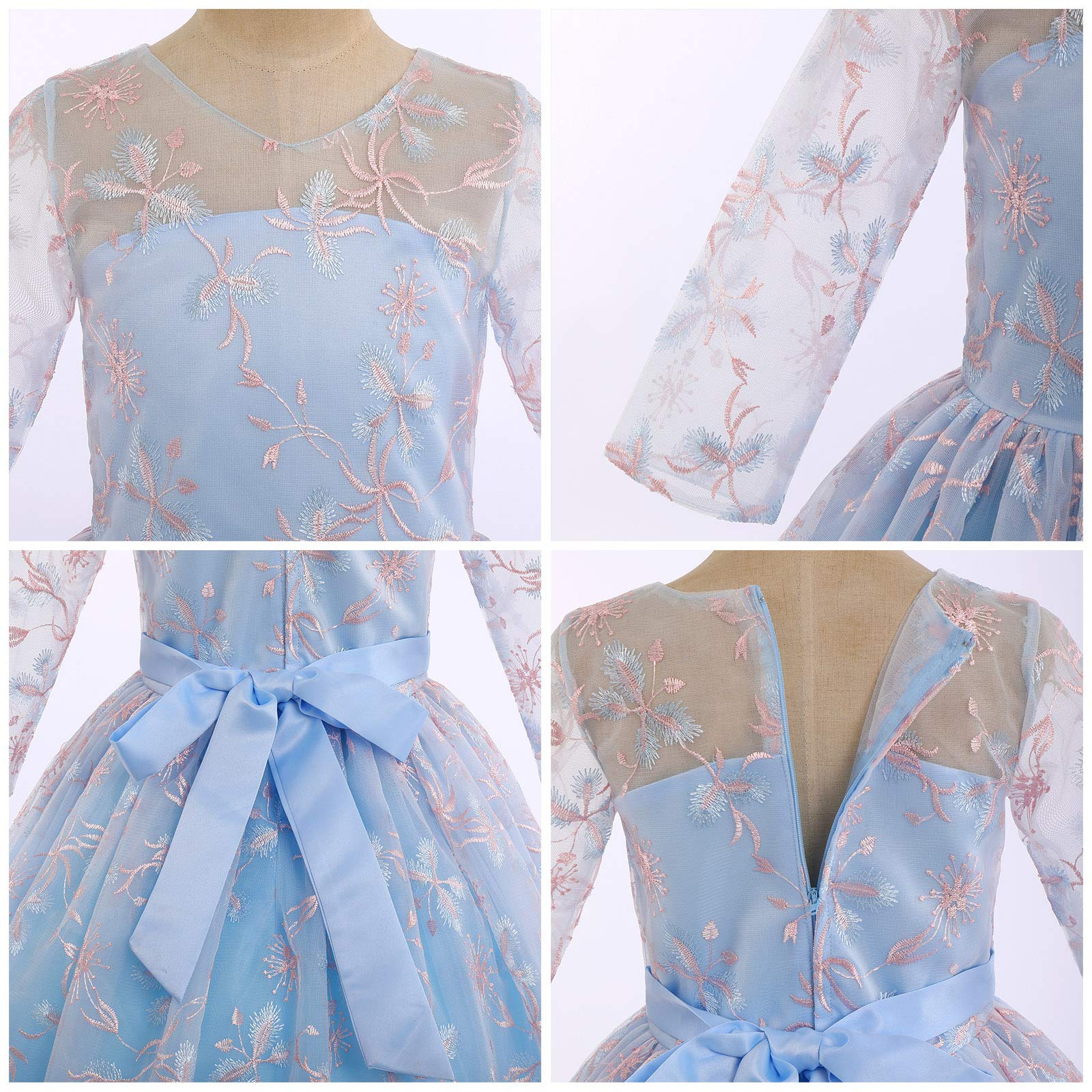 Odizli Vestidos de niña de flores festivos largos vestido de fiesta 3/4 manga flor bordado vestido de tul vestido de princesa vestido de boda fiesta vestido de noche, azul, 9-10 Años