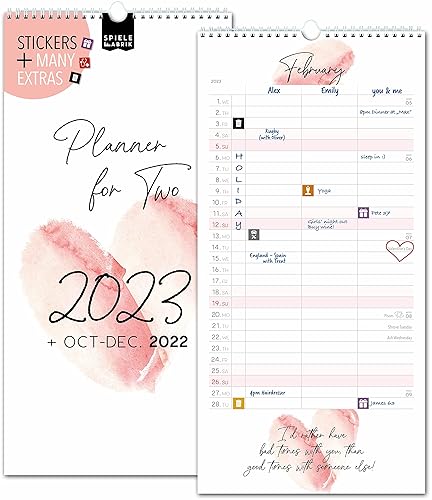 Couple planner 2023 3 columns, LOVE AQUA planner for two 2023 and Oct-Dec 2022, partner calendar 16x32,5cm, calendar for couples 2022 2023, wall planner 2 persons, stickers: waste, holiday, birthday