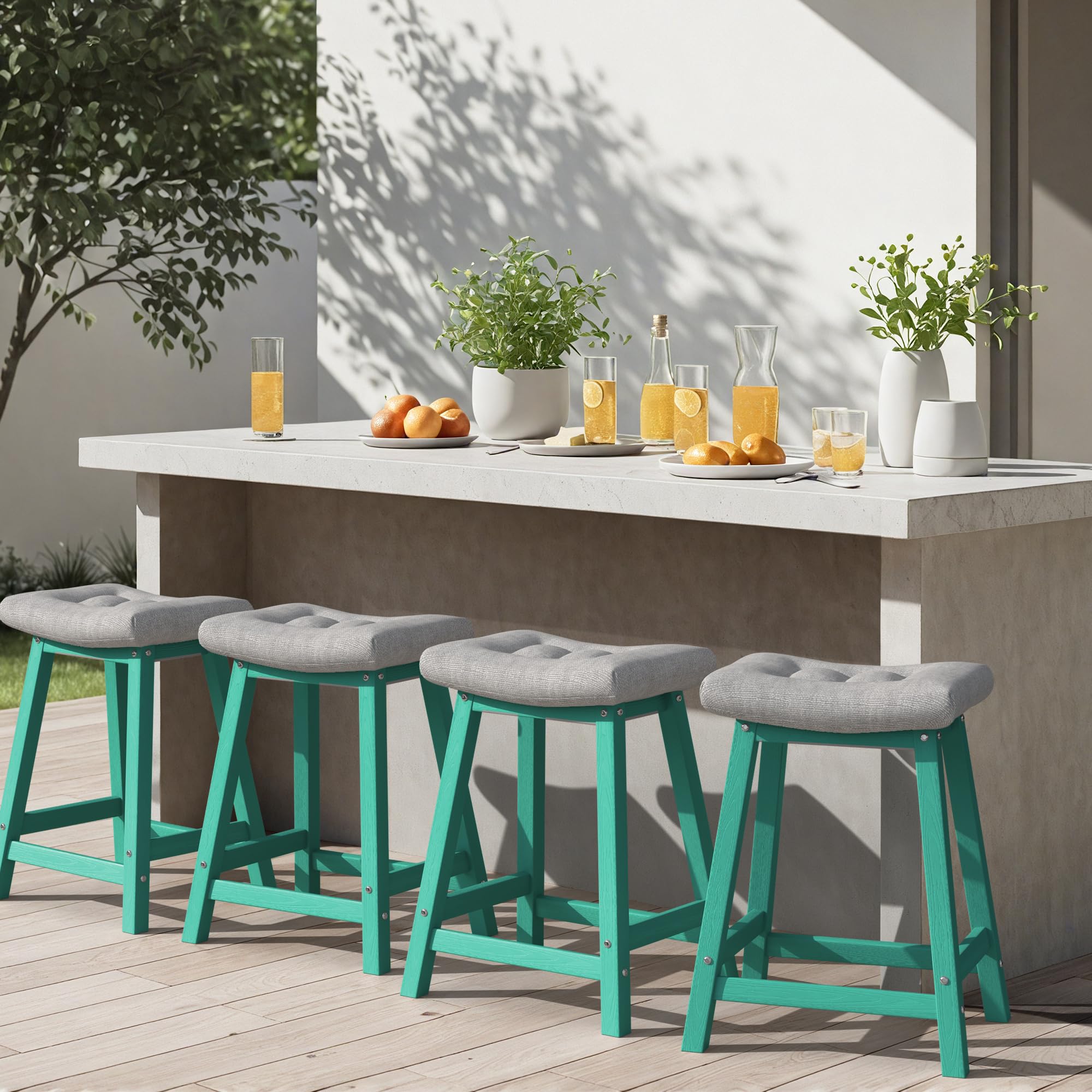 Ciokea 4 Set 24" Outdoor Bar Stools with Cushions, Heavy Duty HDPE Counter Height Bar Stools Weatherproof Patio Seats Modern Waterproof BarStools for Bar Deck Balcony Kitchen Counter Yard, Lake Blue