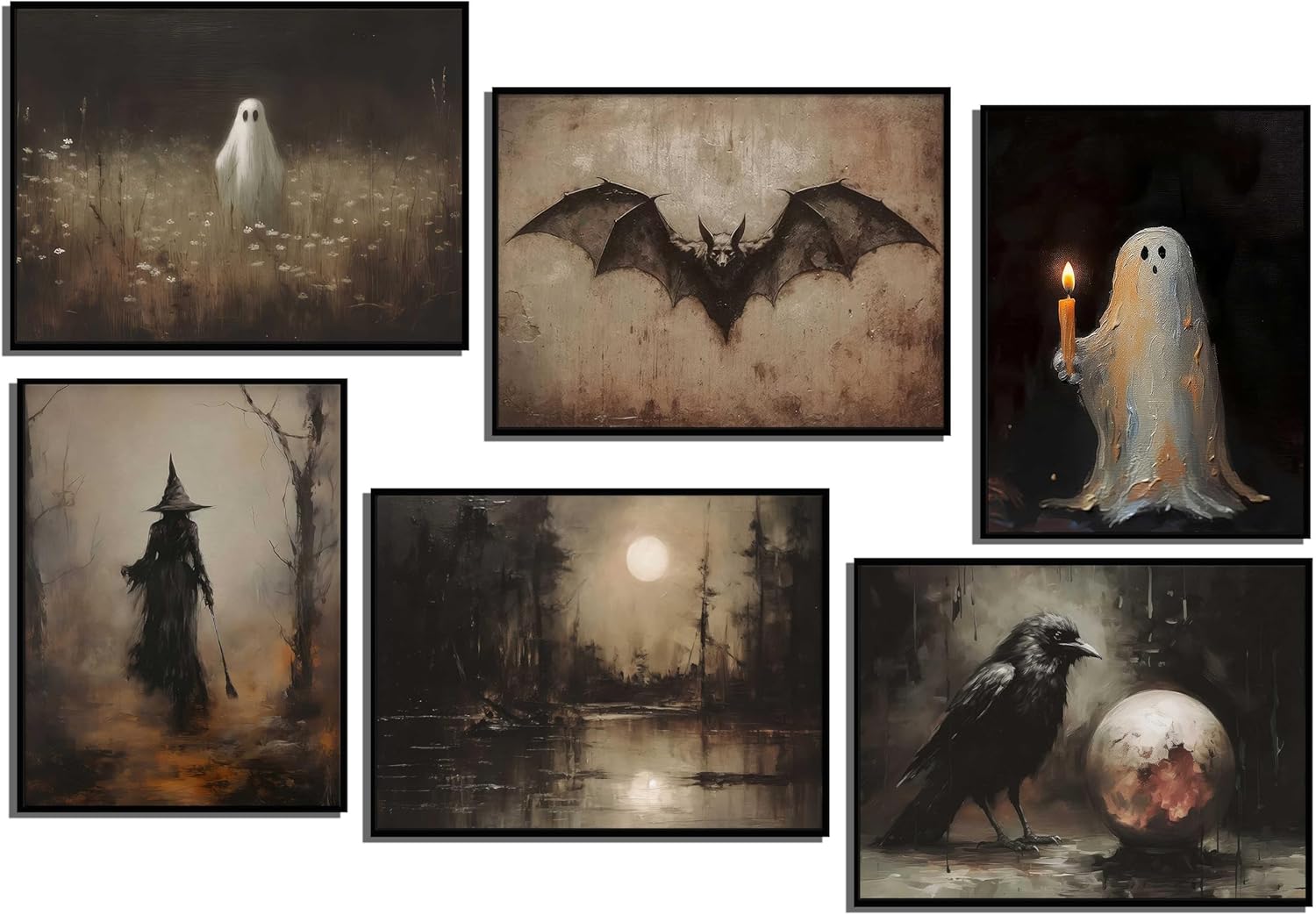 Vintage Halloween Wall Art - Gothic Horse & Pumpkin Lantern Framed Painting, Witchy Aesthetic Decor For Bedroom, Living Room