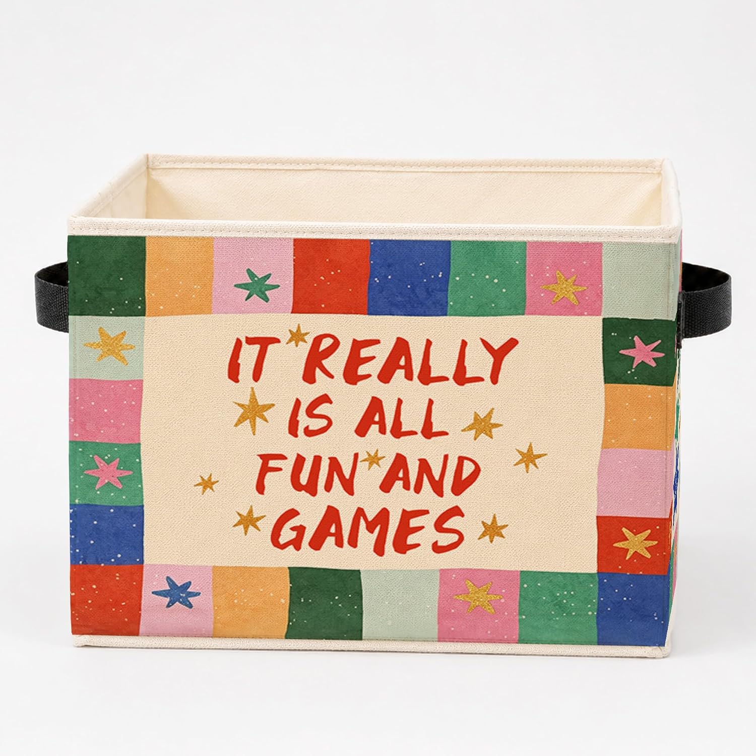 Boho Colorful Playroom Storage Bins with Handles, It Really Is All Fun and Games Collapsible Clothes Toys Books Organizer Basket for Playroom Bedroom Bathroom Home