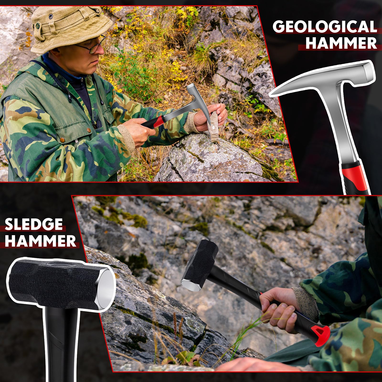 Lasnten Lot de 3 outils de pioche de géologie 935,5 g, marteau octogonal de 1,4 kg, ciseaux de 30,5 cm, outils pour la recherche géologique, l'exploration des roches, la chasse aux roches, la rupture