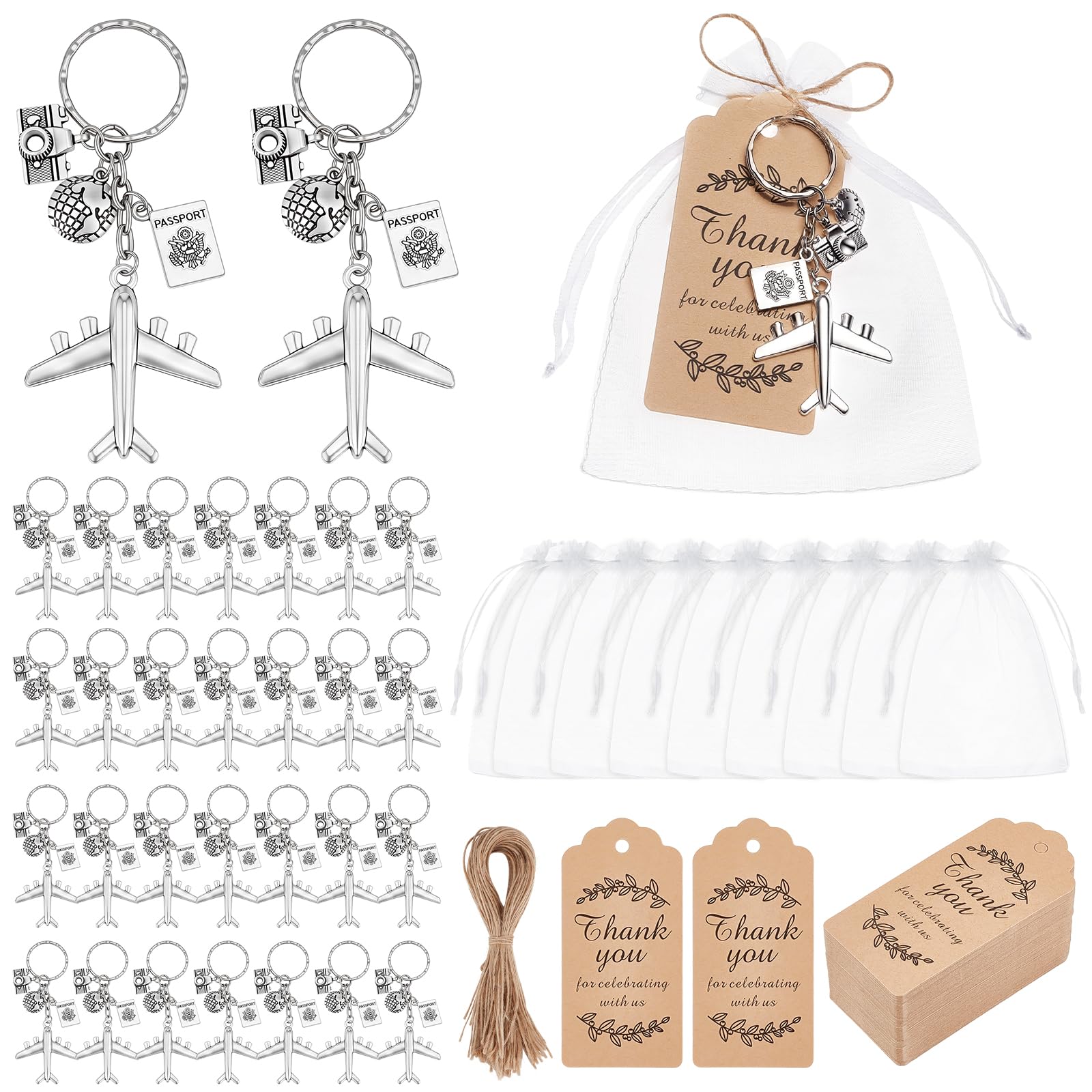 Lot de 82 porte-clés de voyage, aventure, avion, fête, avec sachets en organza, cartes de remerciement et chapeau en corde de jute comme cadeau d'invités
