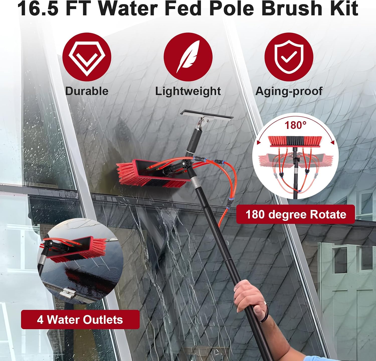 16.5ft Water Fed Pole Kit, Rotatable Solar Panel Cleaning Brush & Squeegee, 2 Dusting Brush, Extendable Black Lightweight Pole for Roof Window