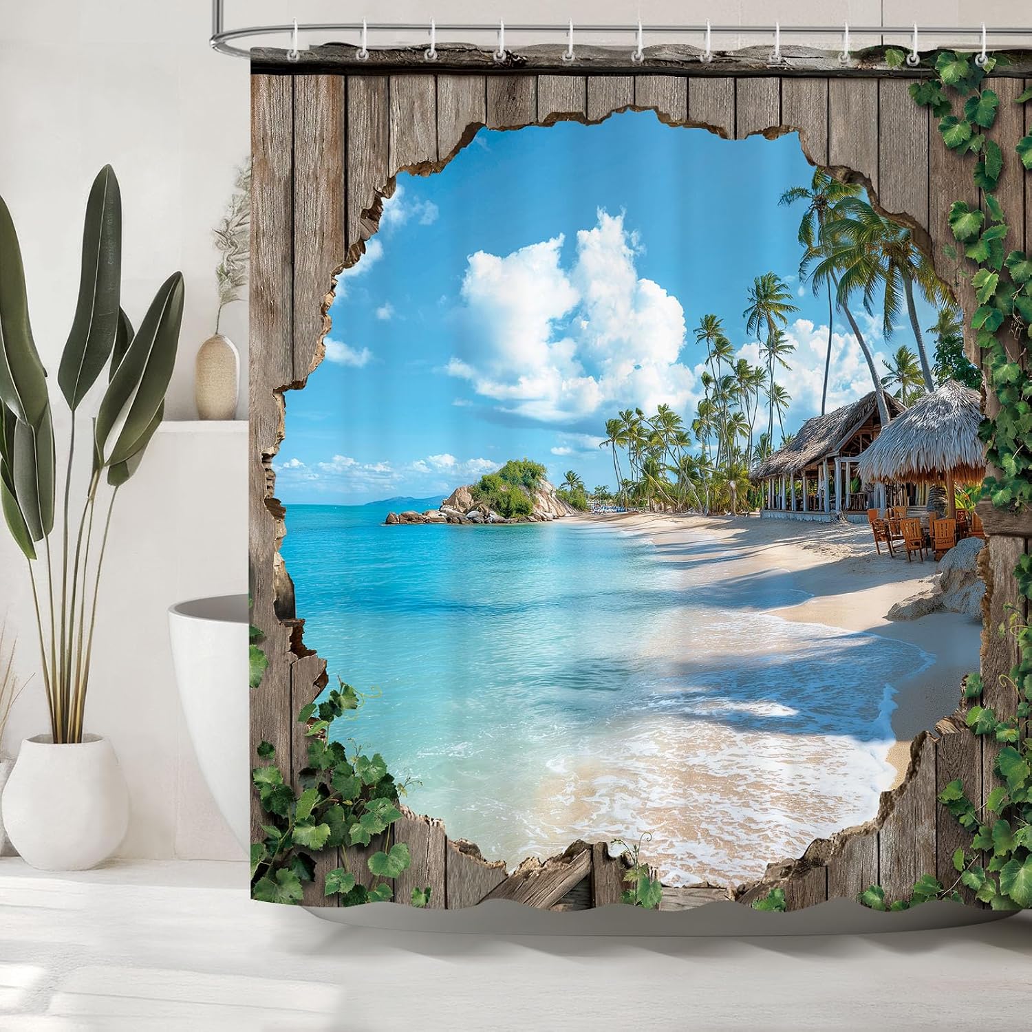 Dazzlewall Beach Barn Door Shower Curtain with 12 Hooks, 72x72 in