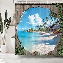 Dazzlewall Beach Ocean Shower Curtain, Coastal Resort Wooden Door Bathroom Curtain Waterproof Mould Resistant Fabric with 12 Hooks, 180 x 180 cm