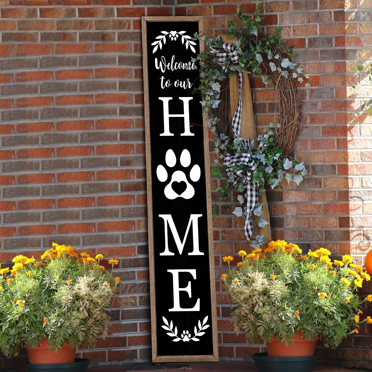 Welcome To Our Home Sign For Front Porch Standing 45"X9" Wooden Framed Dog Paw Welcome Print Large Farmhouse Rustic Long Outdoor Tall Vertical Home Front Door Wall Decor (Wood Black)