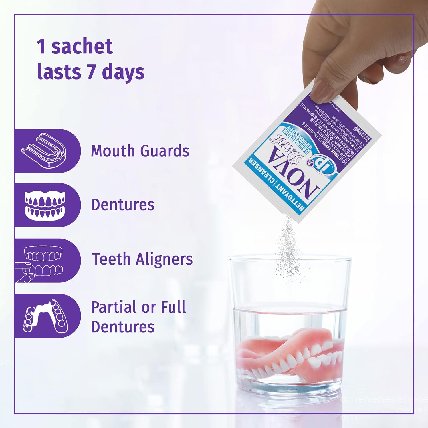 Novadent Dentures Cleaner – for Denture on implants, Denture Soft Liner and Orthodontic Appliance Without Soldering -1 Year (52 sachets)