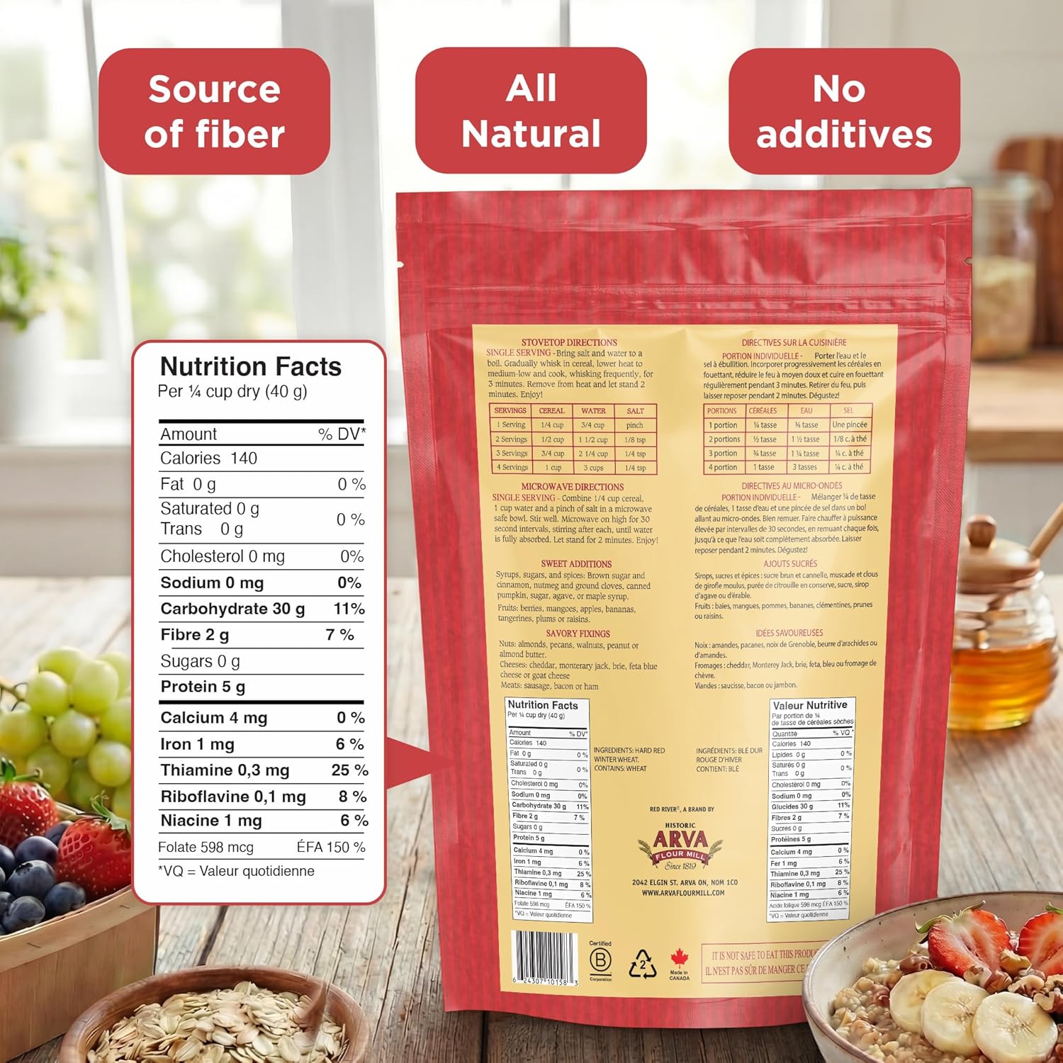Red River Cereal - Cracked Wheat Hot Cereal (908g /5-Pack) Made in Canada at Arva Flour Mills - All Natural, No-Additives - High in Fiber