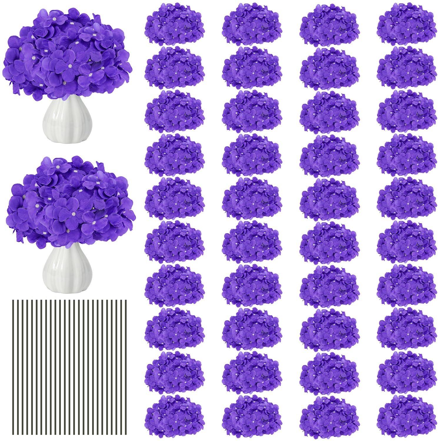 Photo 1 of 120PCS Dark Purple Artificial Hydrangea Flowers Bulk with Stems, Silk Faux Hydrangea Heads for Moody Wedding Full Venue & Gothic Event Decor Wholesale