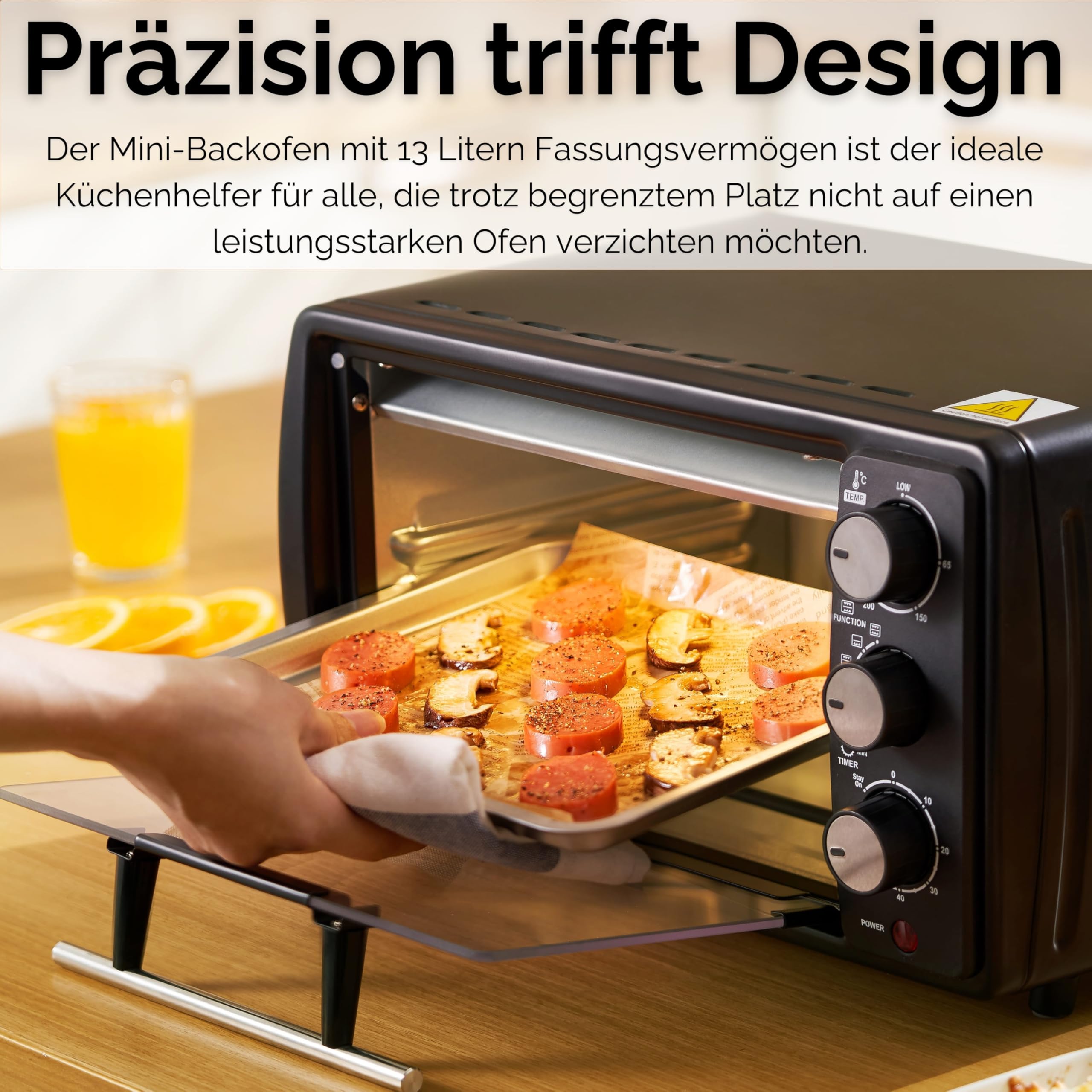 Steinborg Mini Backofen 13 Liter | Pizzaofen | 60°-250°C | Timer | aufklappbares Krümelblech | Minibackofen | Backofen | Kleiner Backofen | 900 Watt