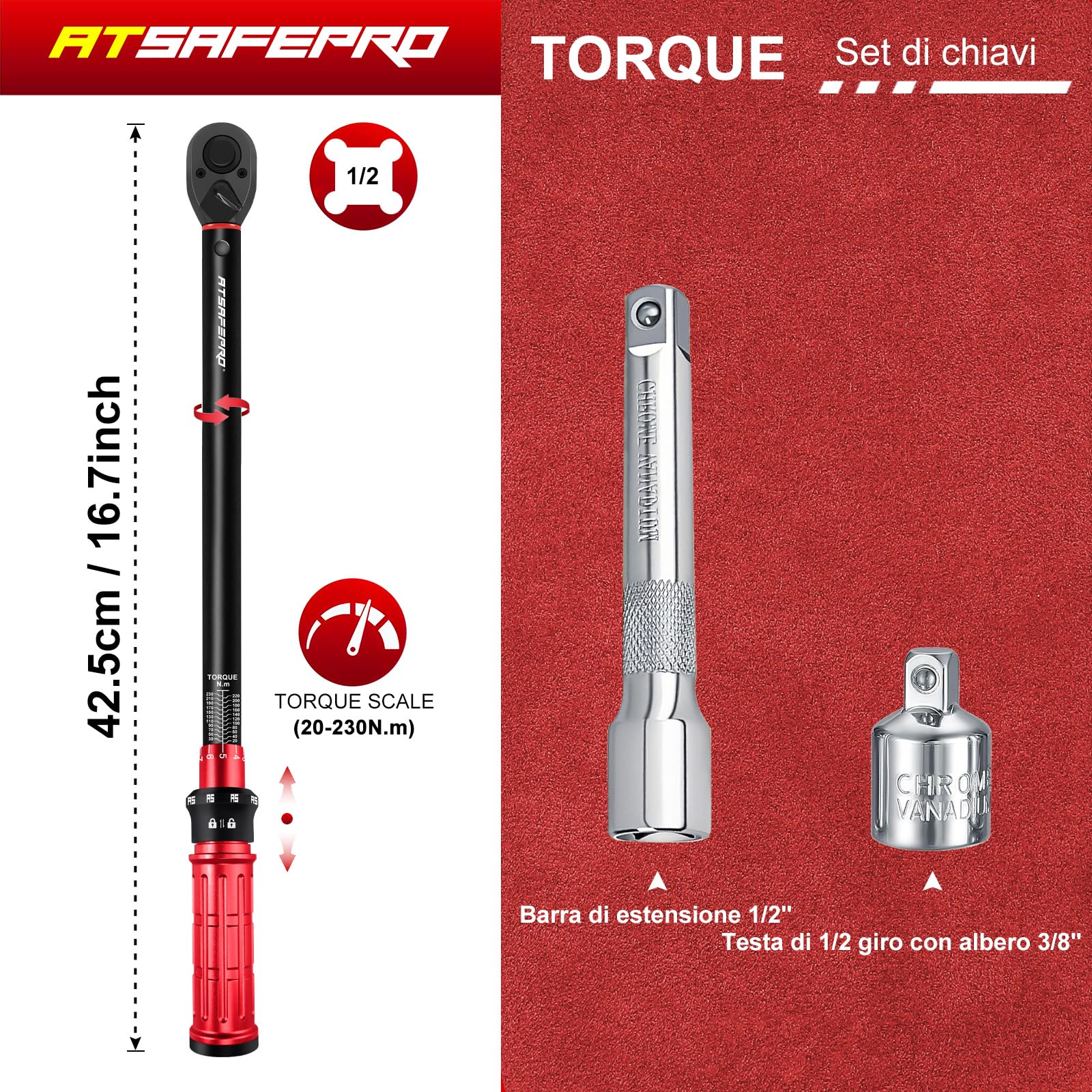 ATsafepro Chiave Dinamometrica Set 1/2'',Chiave Dinamometrica Auto 20-230 Nm/14.8-169.7 lbf.ft，Adattatore da 1/2“ a 3/8'',125mm Barra Prolunga,Precisione ± 3% 72 denti