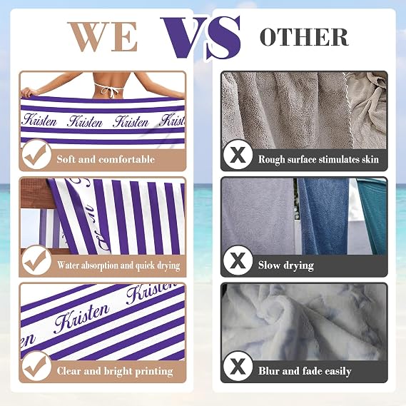 Hoomall Personalized Beach Towels for Kids & Adult Custom Name Pool Towels Purple Striped Bath Towel Microfiber Quick-Dry Beach Towels for Kids Gift for School Company Party