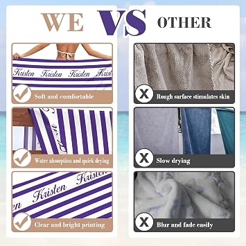 Hoomall Personalized Beach Towels for Kids & Adult Custom Name Pool Towels Purple Striped Bath Towel Microfiber Quick-Dry Beach Towels for Kids Gift for School Company Party