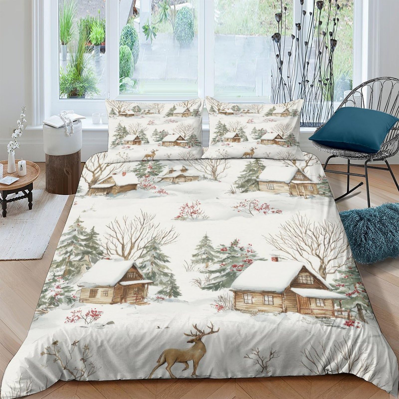 Ctjqhvkz Style-10 3D Printed Winter Cabin Fitted Sheet Microfiber Soft Breathable Snow Forest Mattress Cover For Bedroom Guest Room Decor Single（135X200cm）