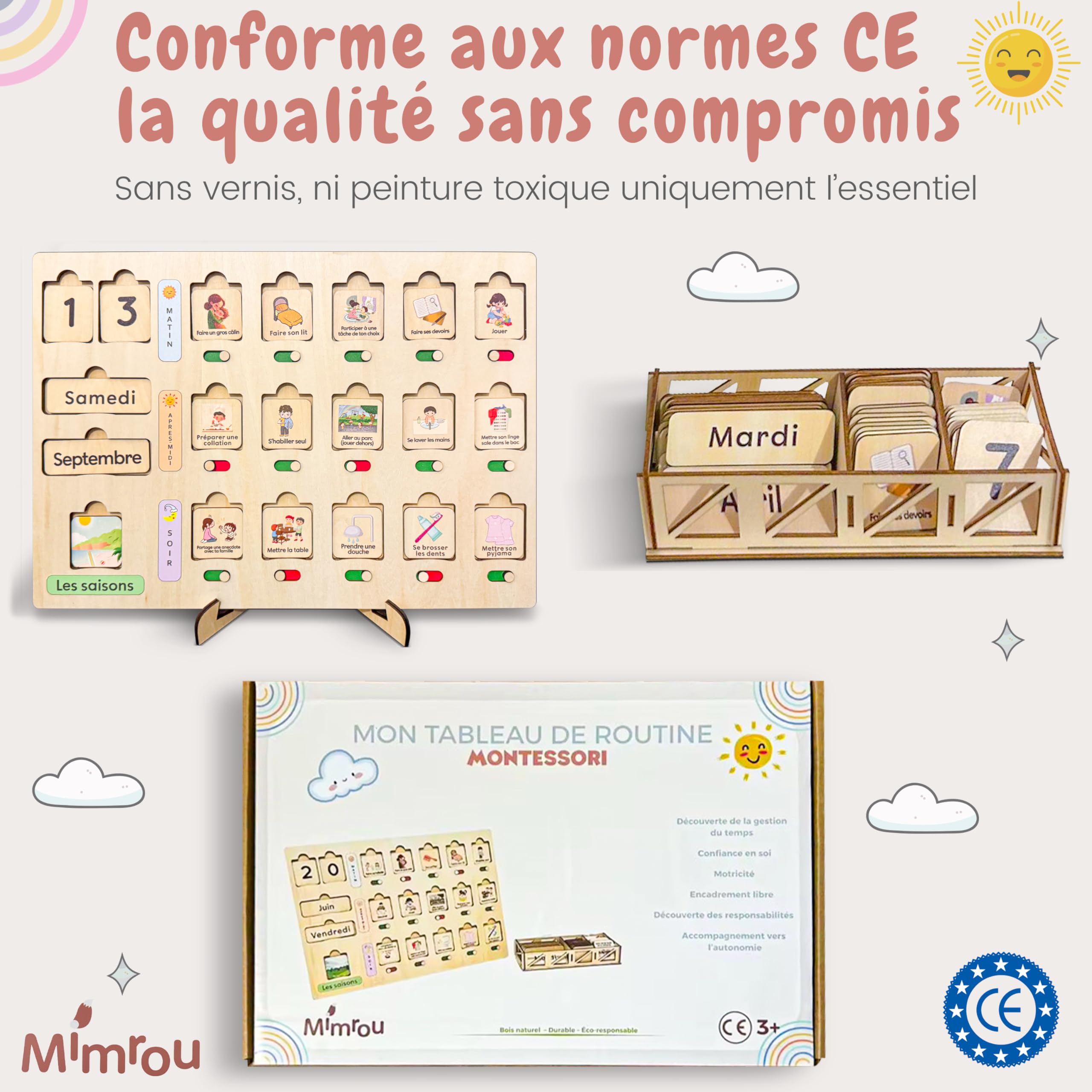 Planning Journalier pour Enfants Montessori +60 Étiquettes pour Les Routines Quotidiennes, Activités, Calendrier et Saisons, Apprentissage dès 3 Ans- Adapté TDAH/TSA