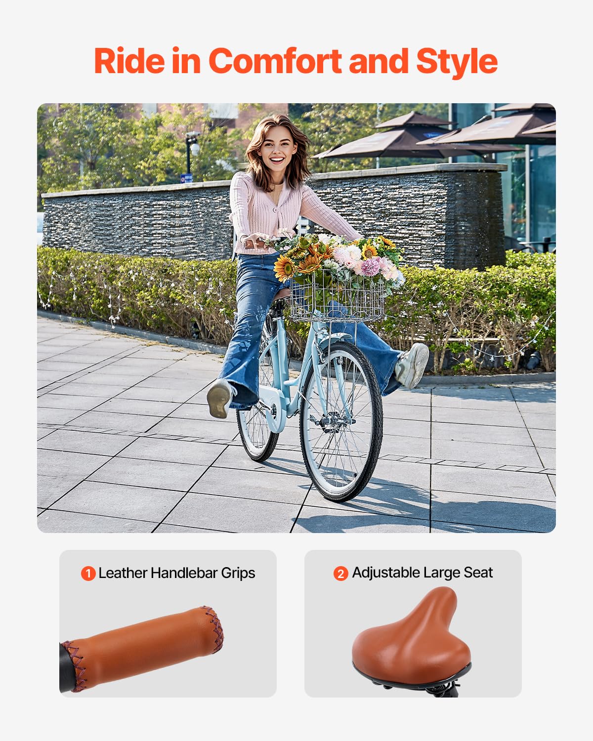 VEVOR Bicicletta Cruiser 1 Velocità da 26 pollici Bicicletta da Crociera con Cestino e Portapacchi Posteriore, Bicicletta Cruiser per Spiaggia Tempo Libero con Sedile Regolabile Azzurro Chiaro