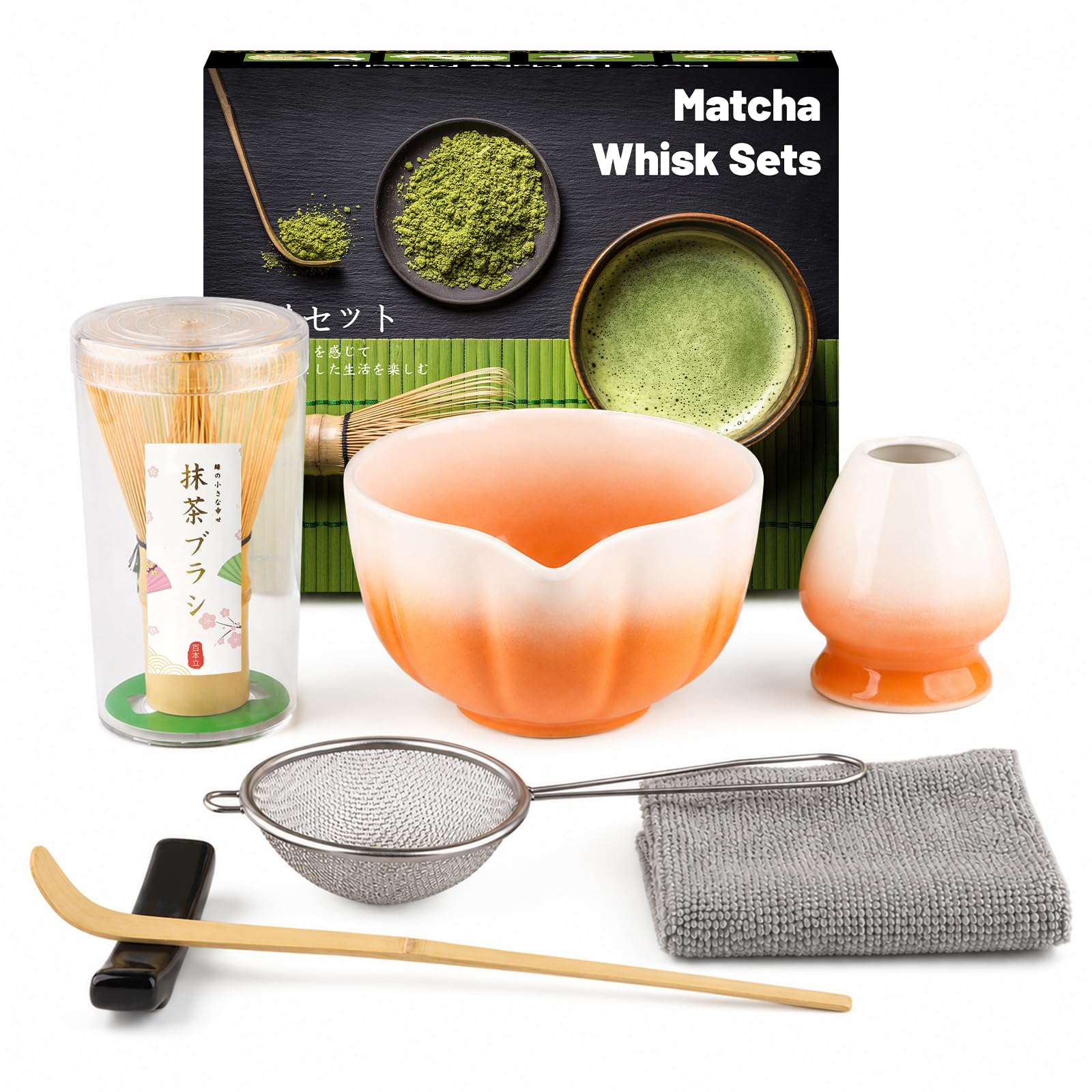 Muexoee 7 Pcs Matcha Set,Matcha Tea for Making Breakfast/Latte,Whisk Set and Bowl with All Accessories,Authentic Tea Ceremony,Gradient Orange Bowl,Bamboo Stirrer — image 1