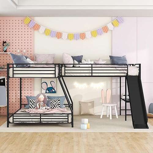 Miniatura 4 de Literas triples de metal con tobogán individual sobre litera baja en forma de L completa con escritorio 3 camas litera de esquina para tres niños