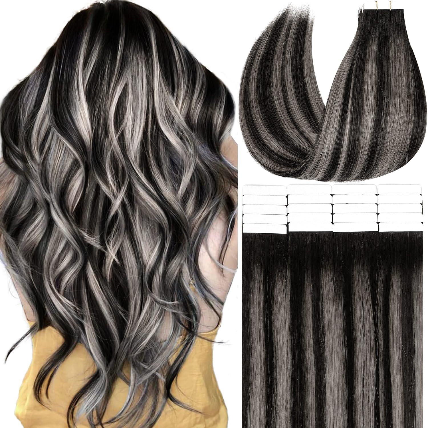 Anrosa Tape in Hair Extensions Human Hair Black and Grey Hair Extensions Seamless Virgin Human Hair Extensions Tape in Double Sided 20In Natural Black